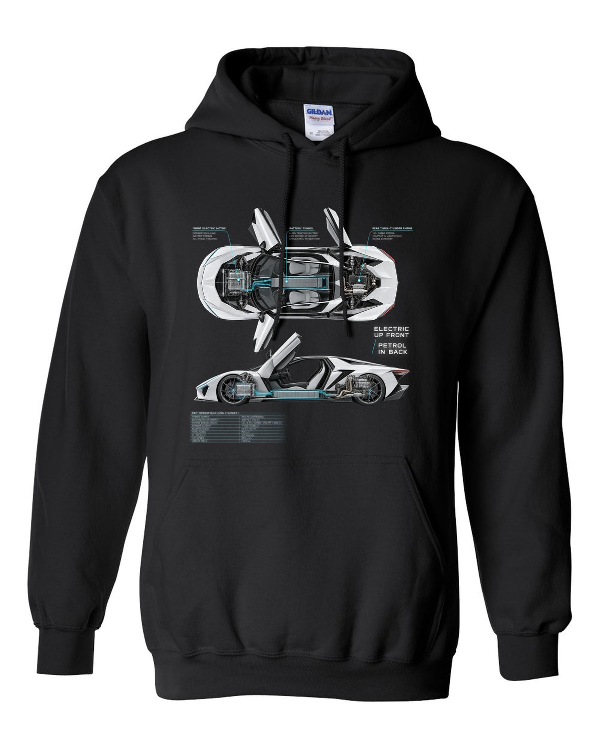 BMW i8 I12 spec poster print with electric up front petrol in back text black pull over hoodie front view with the design