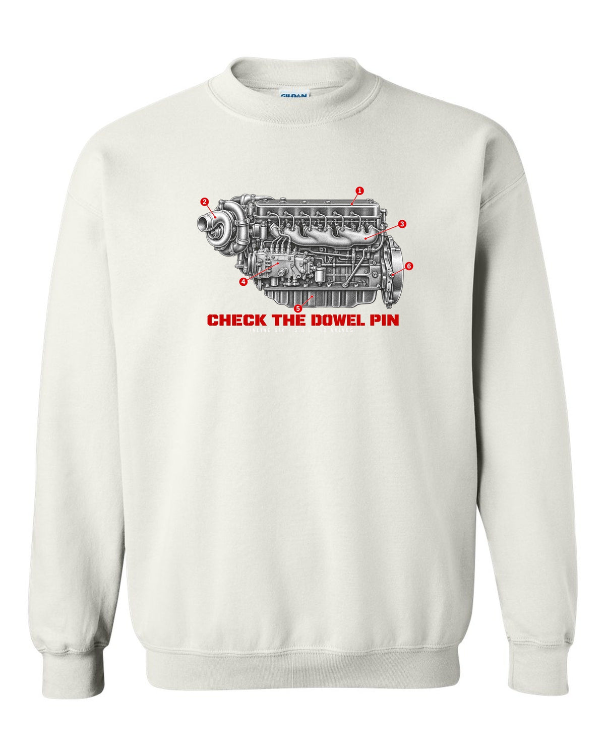 Engine hero print of a 1994-98 Ram 2500 5.9L 12-valve Cummins inline six white crewneck front view with the design