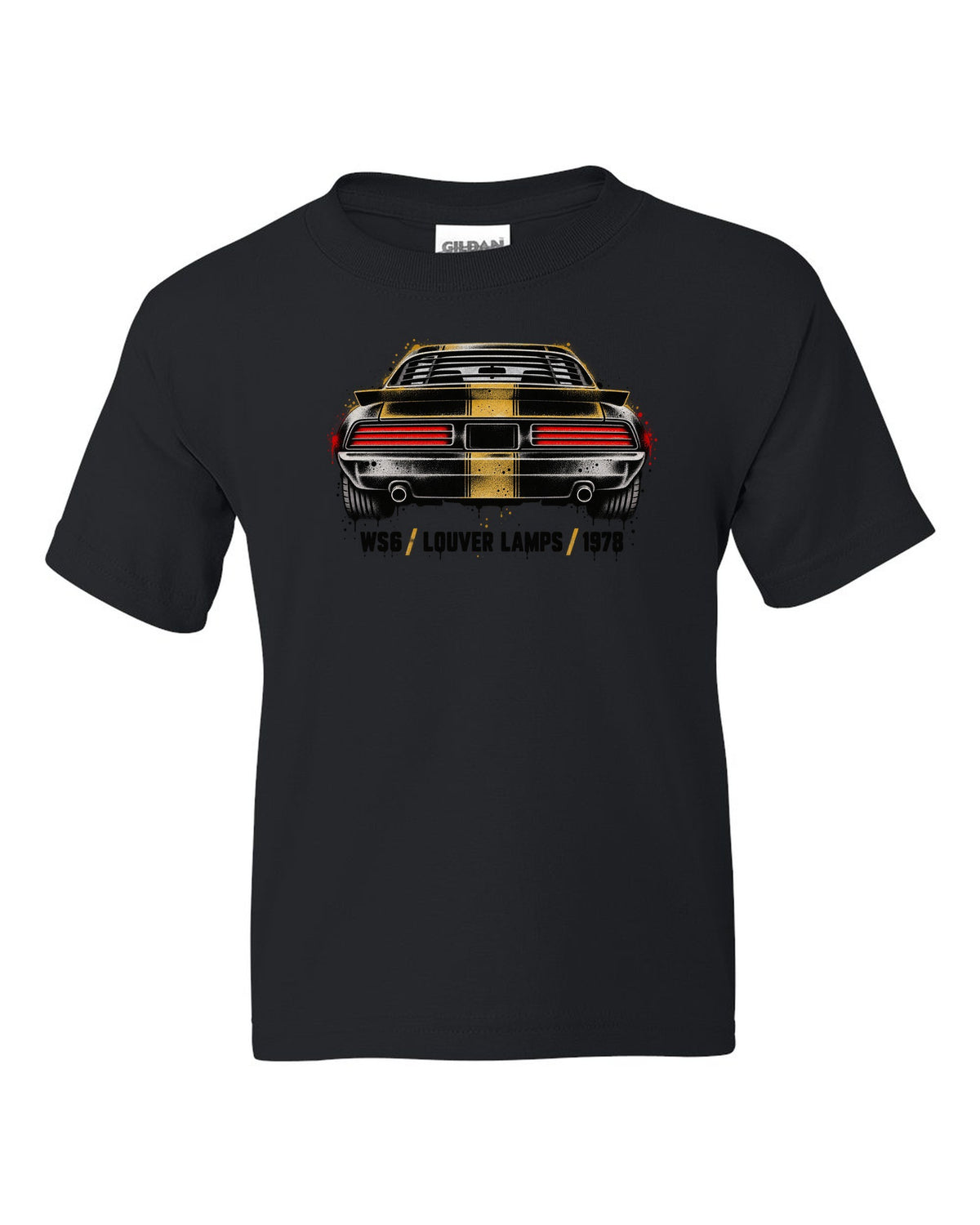 1978 Pontiac Firebird Formula rear taillights cutout in stencil style black kids tee front view with the design