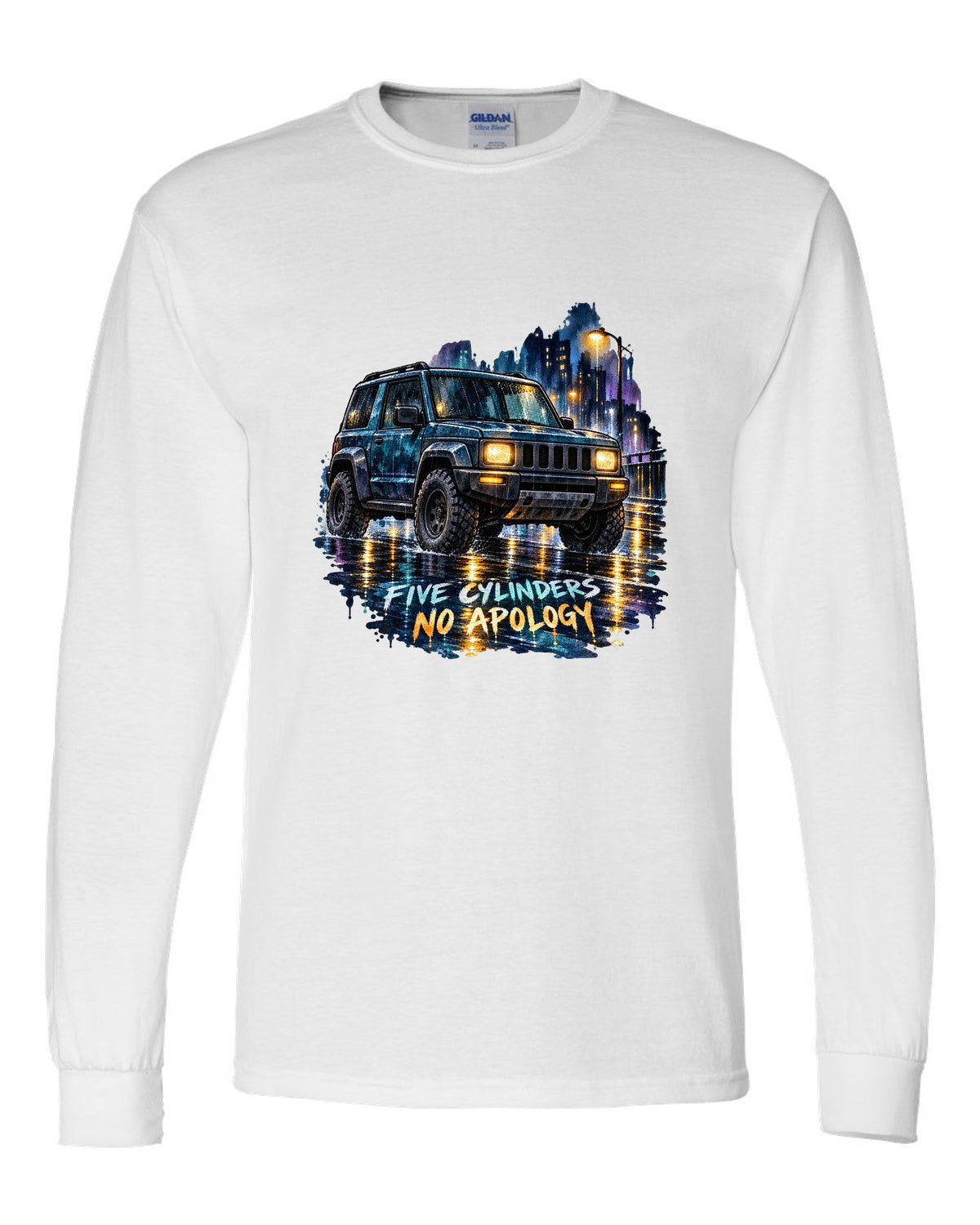 Watercolour wash wet street scene with a 2006-2010 Hummer H3 and FIVE CYLINDERS / NO APOLOGY text white long sleeve front view with the design