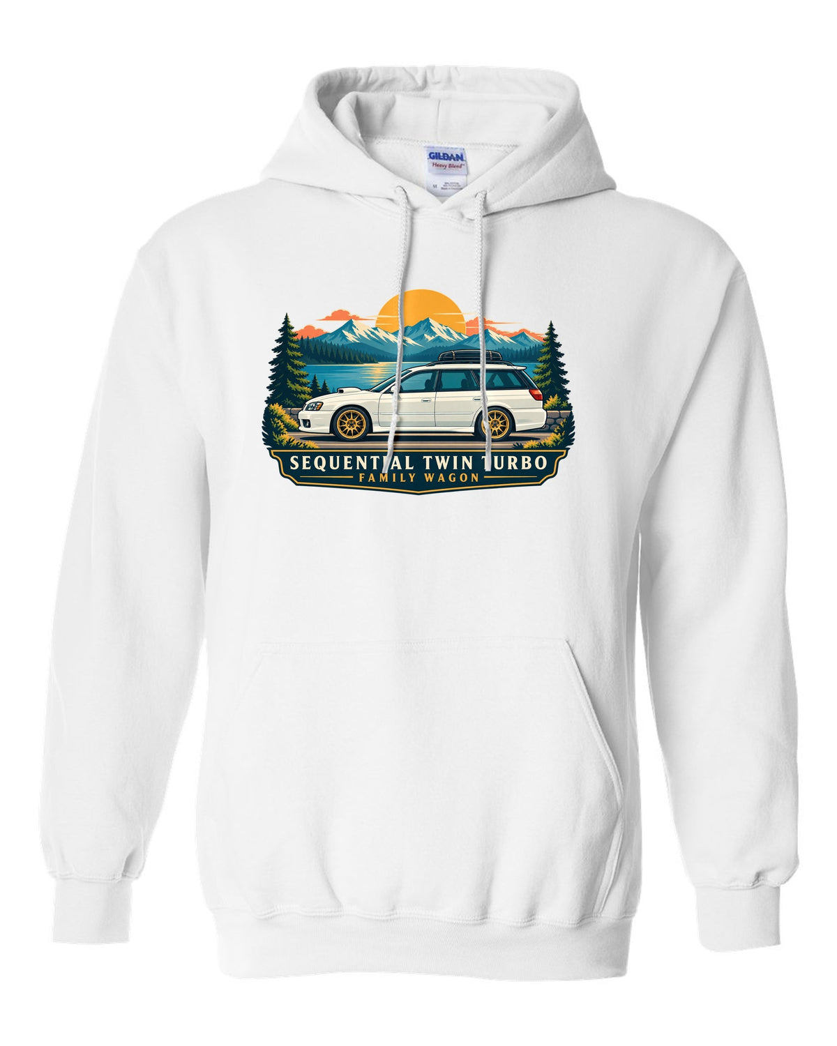 Subaru Legacy BC5 RS as a linocut, 100,000 KM / AT 223 KM/H white pull over hoodie front view with the design