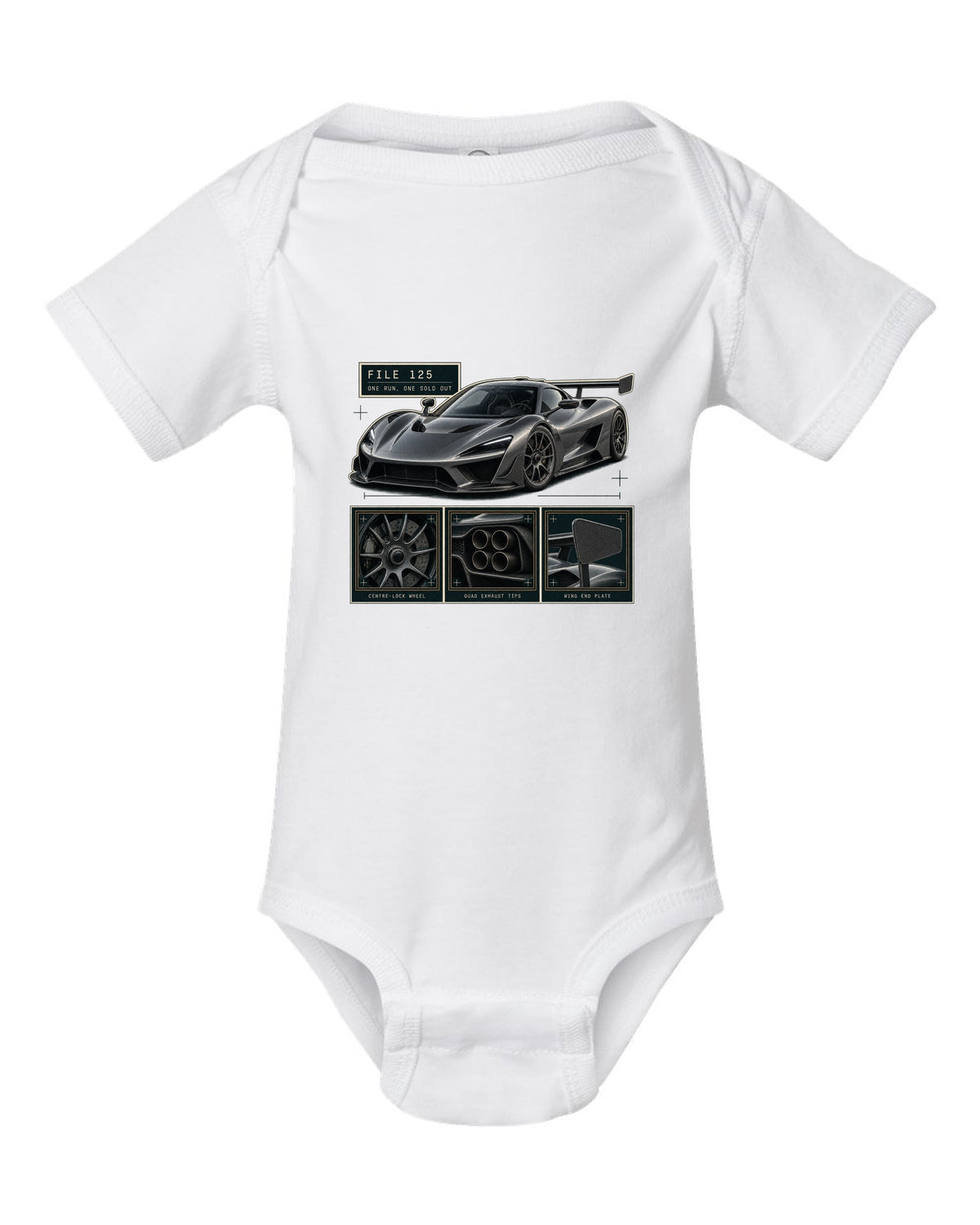Dossier panel layout of the Koenigsegg Jesko Attack with detail panels, print white baby onesie front view with the design