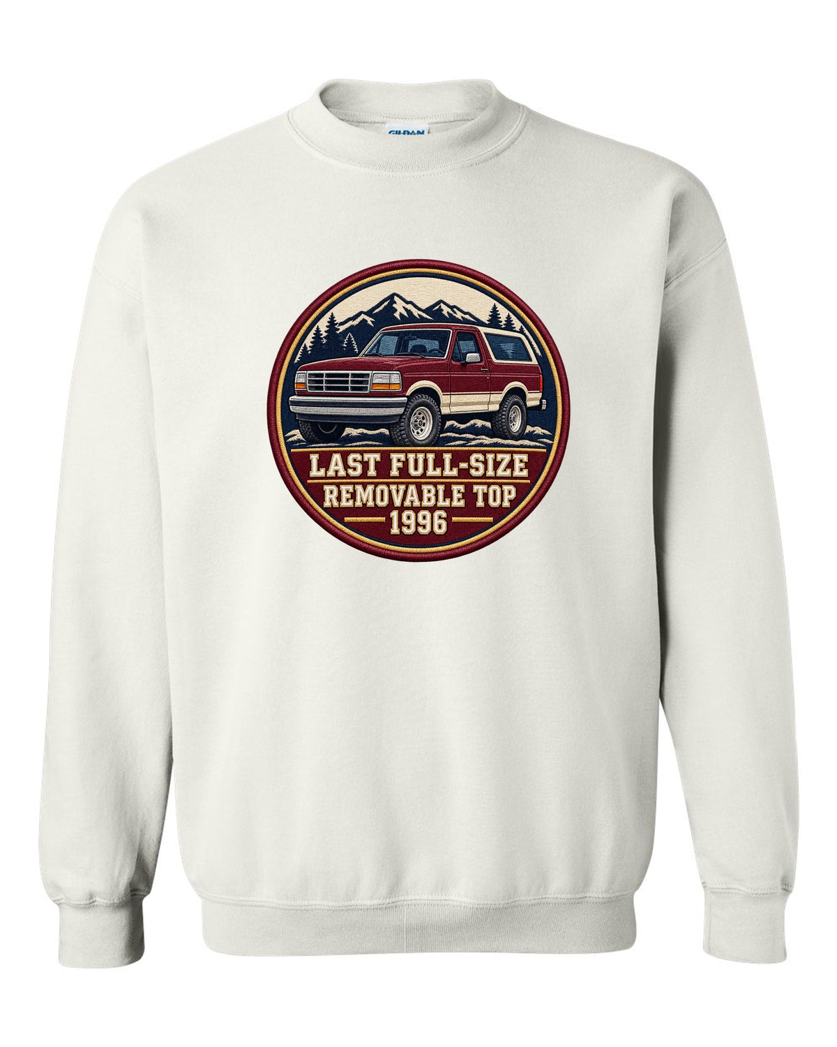 Round varsity crest print for a 1992-96 Ford Bronco OBS with removable top text white crewneck front view with the design