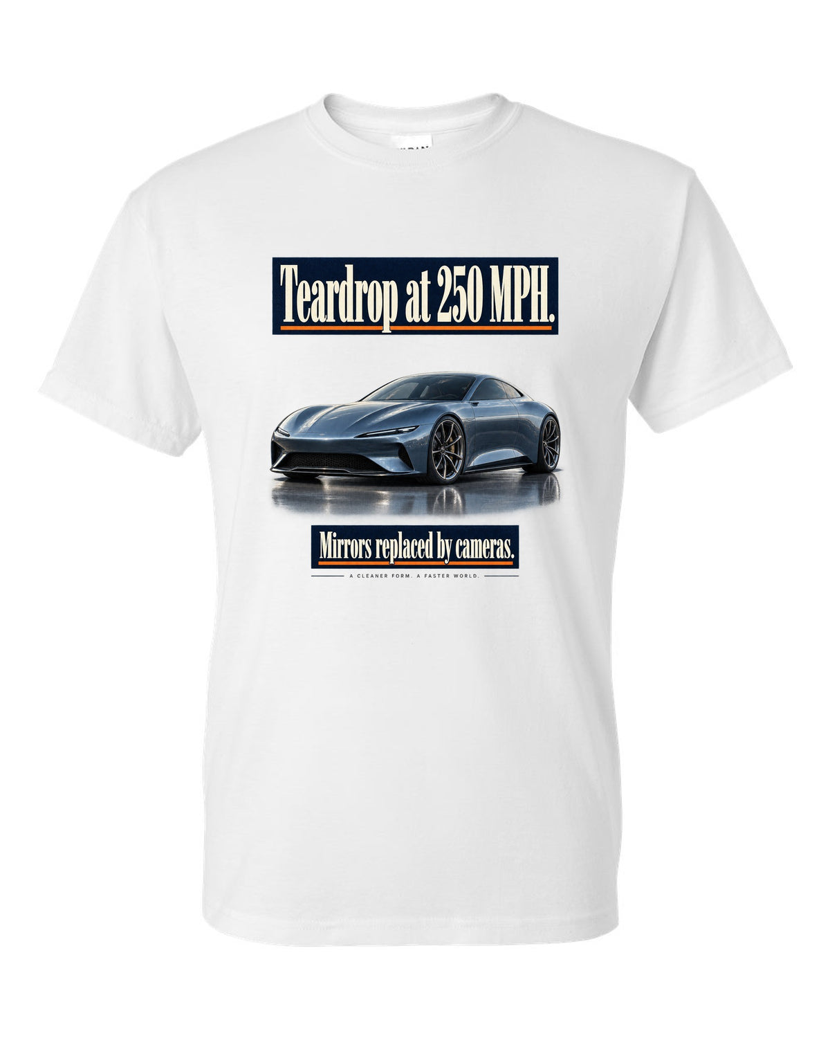 Editorial headline print of a steel blue McLaren Speedtail white t-shirt front view with the design