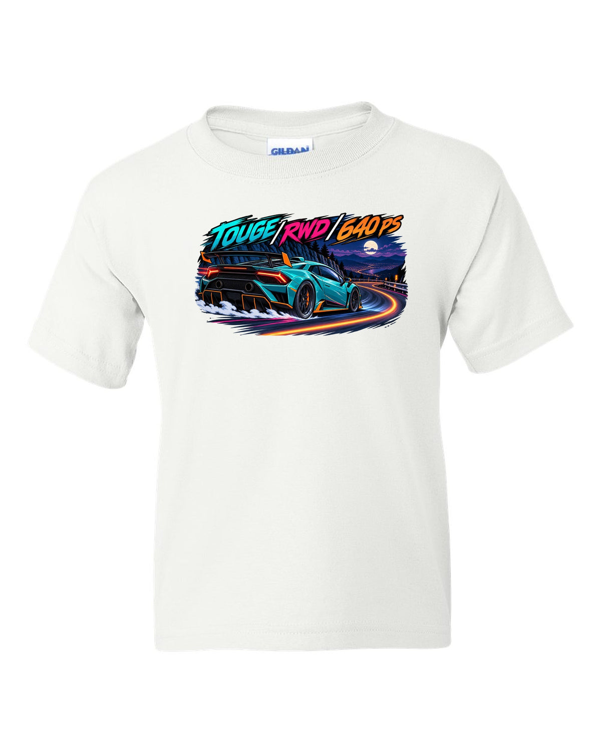 Cel-shaded anime night touge scene with a Lamborghini Huracan STO LP640-2 and text TOUGE / RWD / 640 PS white kids tee front view with the design
