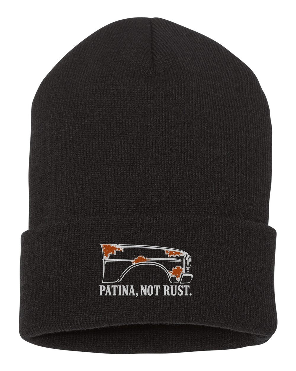 Funny Patina Not Rust Shirt For Car Guys black beanie front view with car name