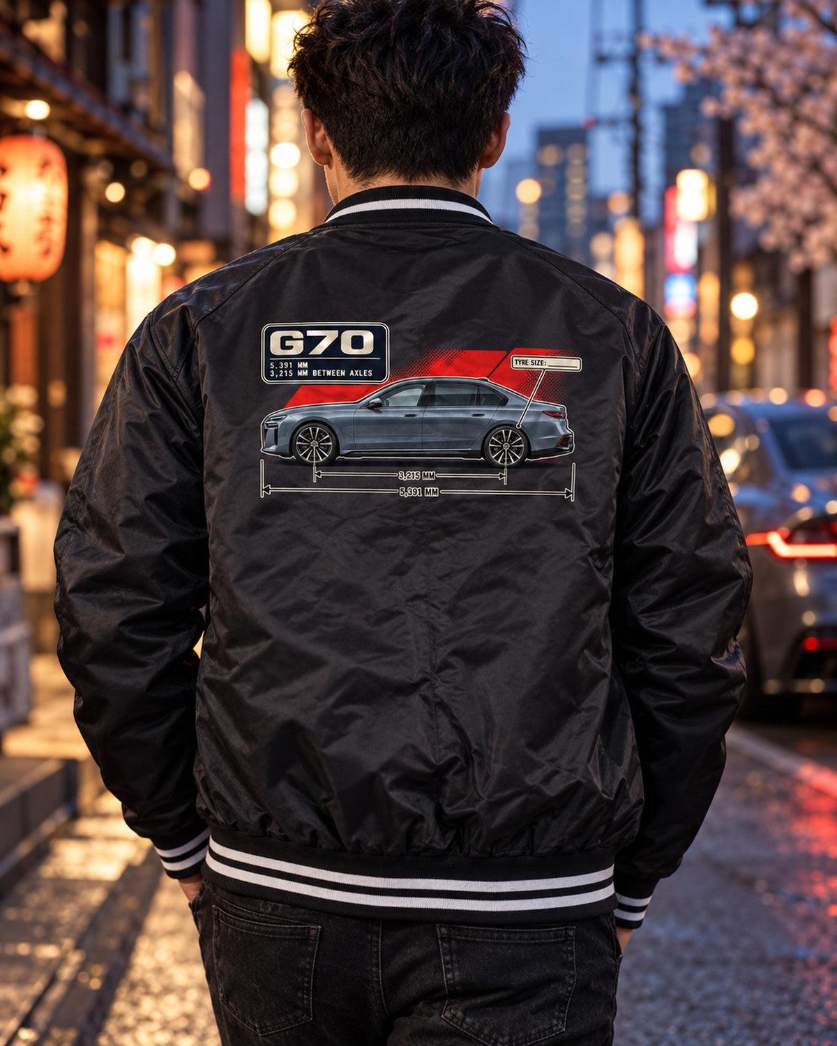 BMW i7 M70 xDrive G70 Dimension Blueprint Shirt Bomber Jacket Black worn hero