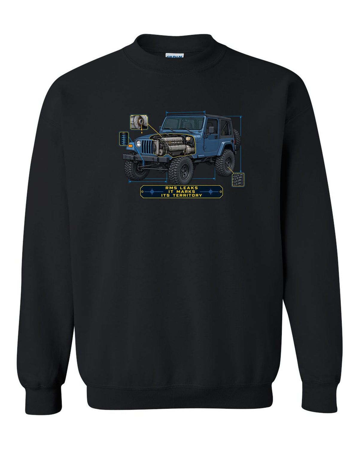 Blueprint style engine cutaway of a Jeep Wrangler TJ with RMS LEAKS IT MARKS ITS TERRITORY lettering black crewneck front view with the design