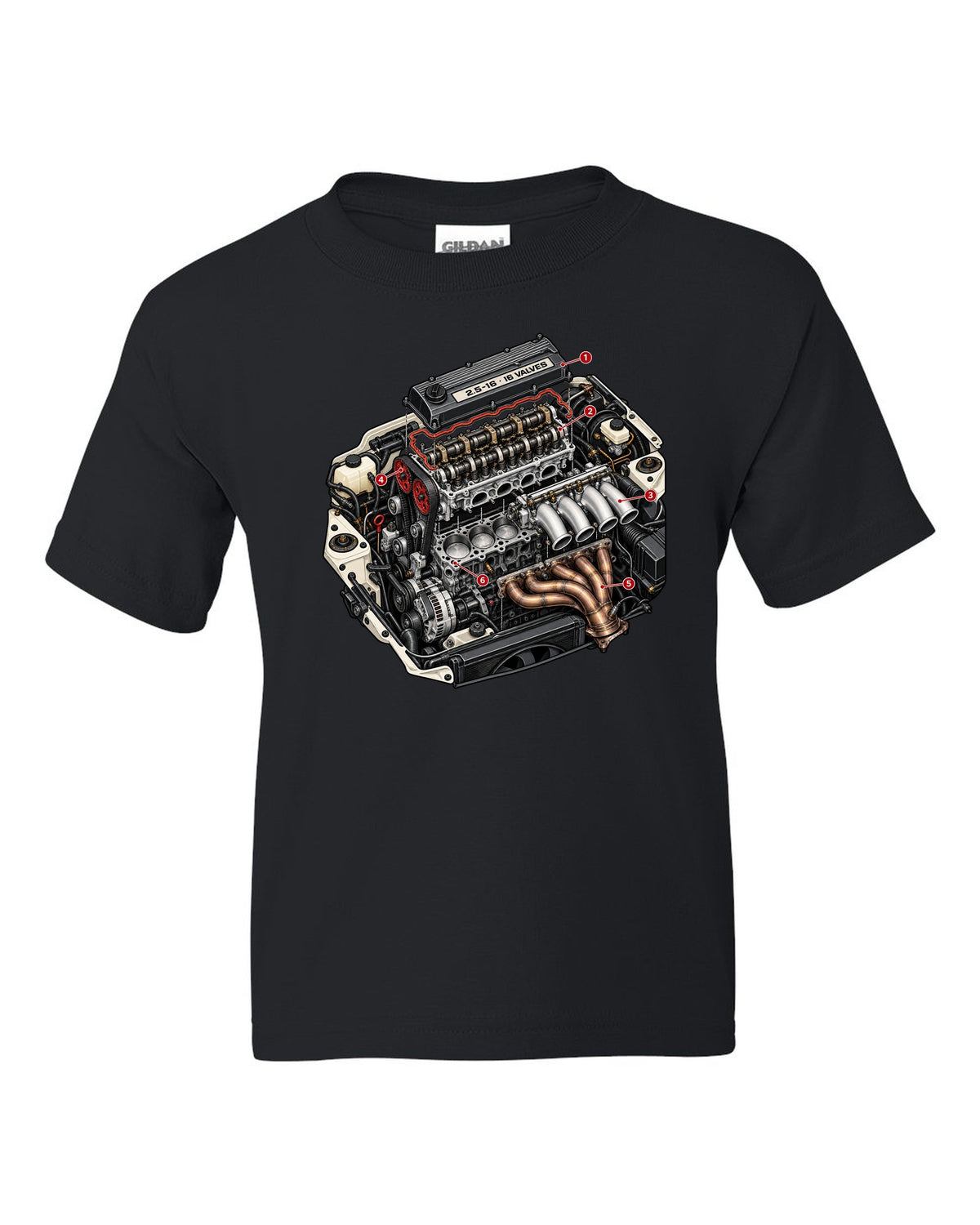 Exploded cutaway engine illustration for a Mercedes 190E 2.5-16 Evo II W201 black kids tee front view with the design