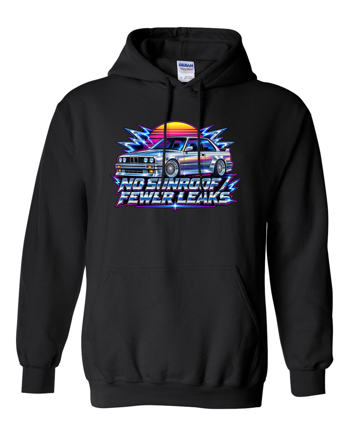 80s chrome airbrush print of a BMW E30 M3 with no sunroof fewer leaks text black pull over hoodie front view with the design