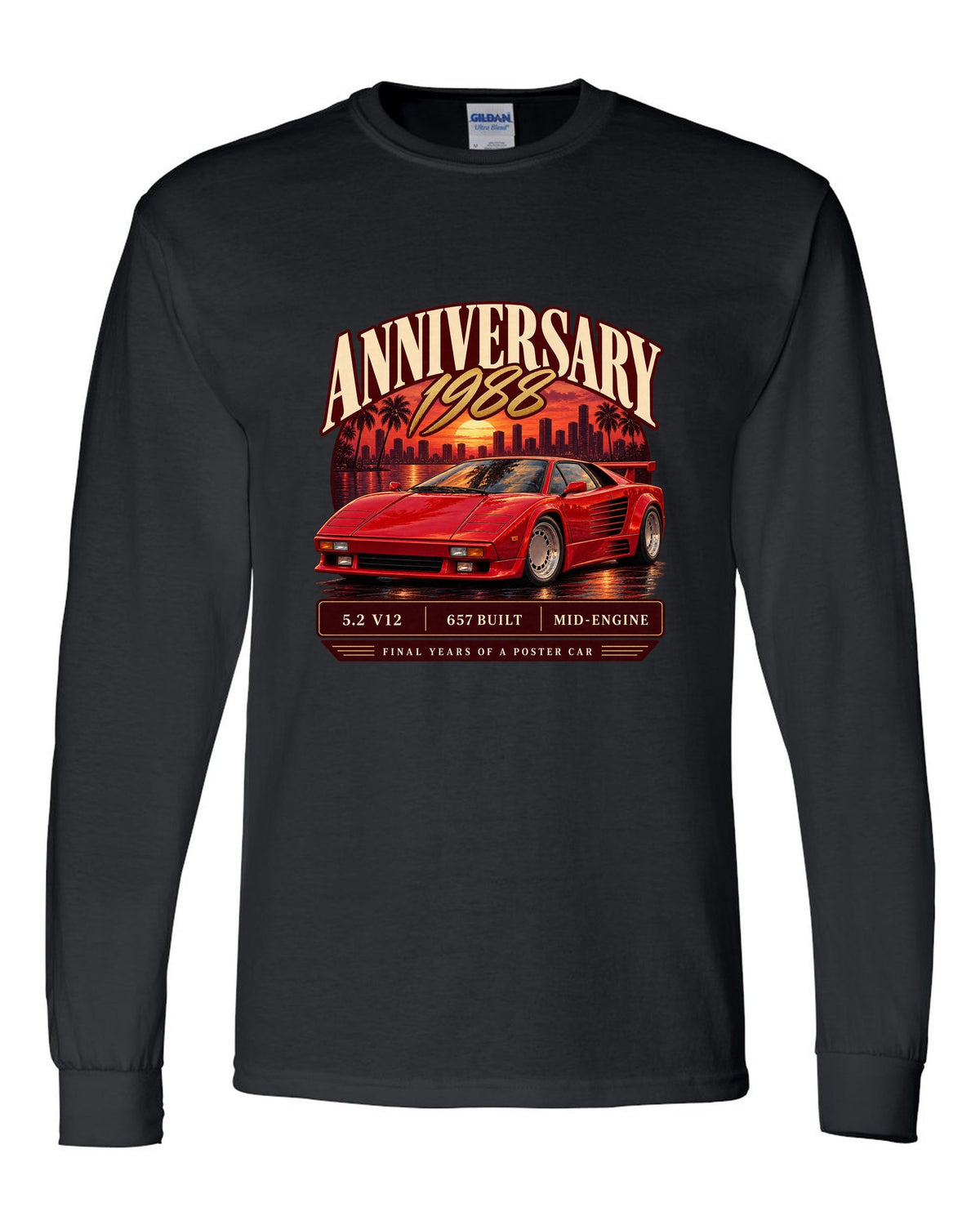 Archive panel print of a Lamborghini Countach 25th Anniversary with 657 built text black long sleeve front view with the design