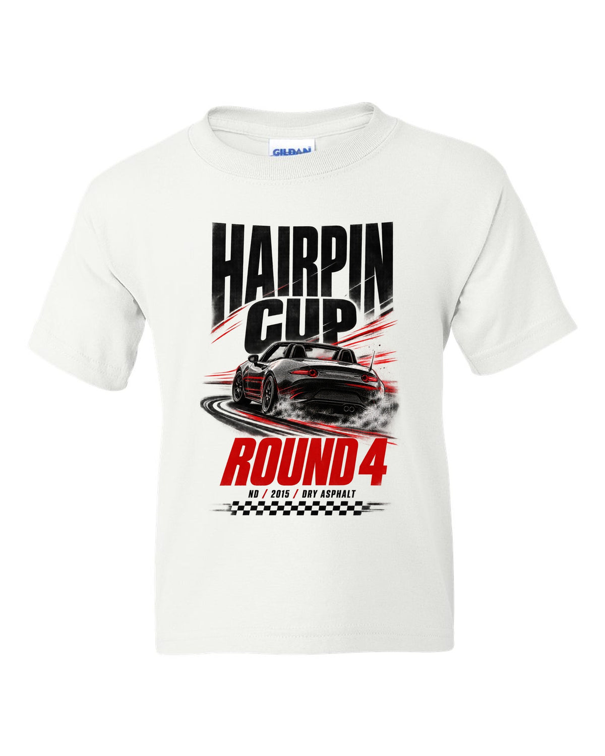 Race poster print of a Mazda MX-5 ND for the Hairpin Cup round 4 white kids tee front view with the design