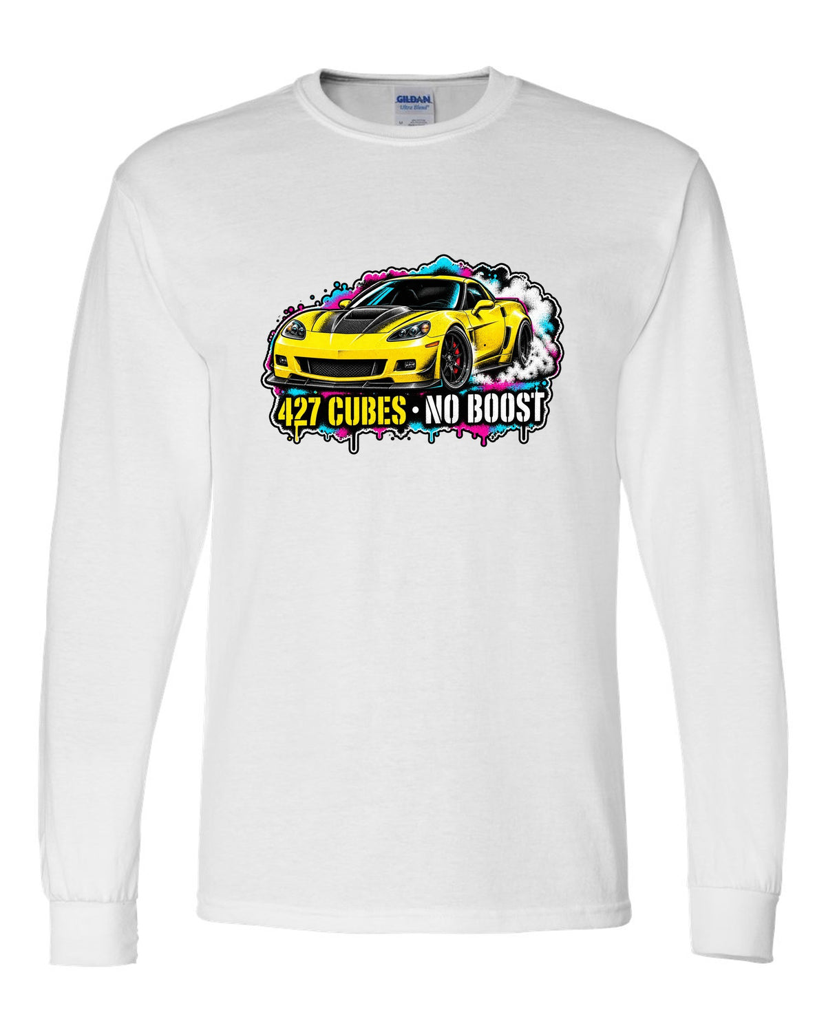 Stencil spray street art print of a 2006 Chevrolet Corvette C6 Z06 with 427 cubes no boost lettering white long sleeve front view with the design