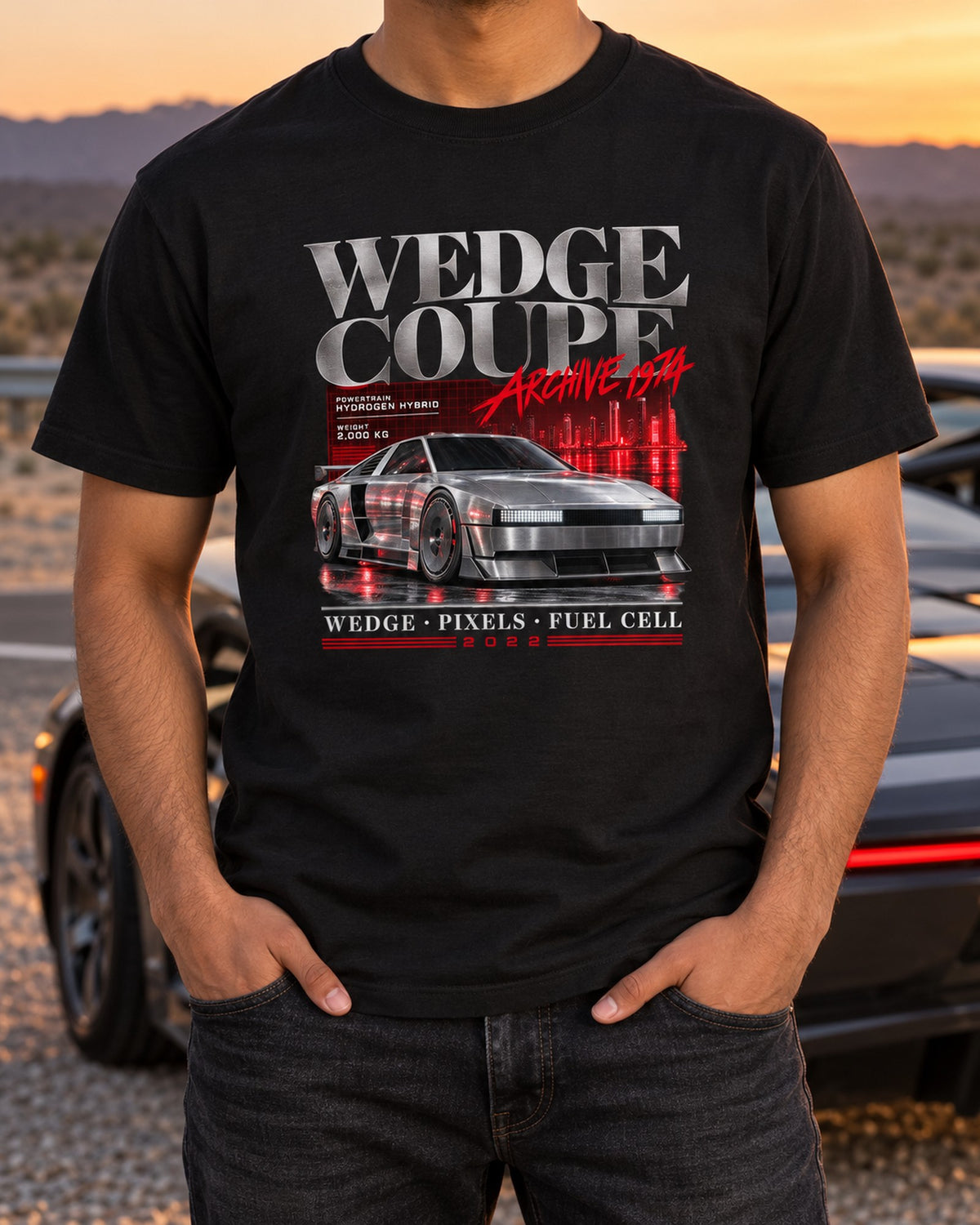 Hyundai N Vision 74 Archive Panel Shirt, Wedge Coupe print T-Shirt Black worn hero
