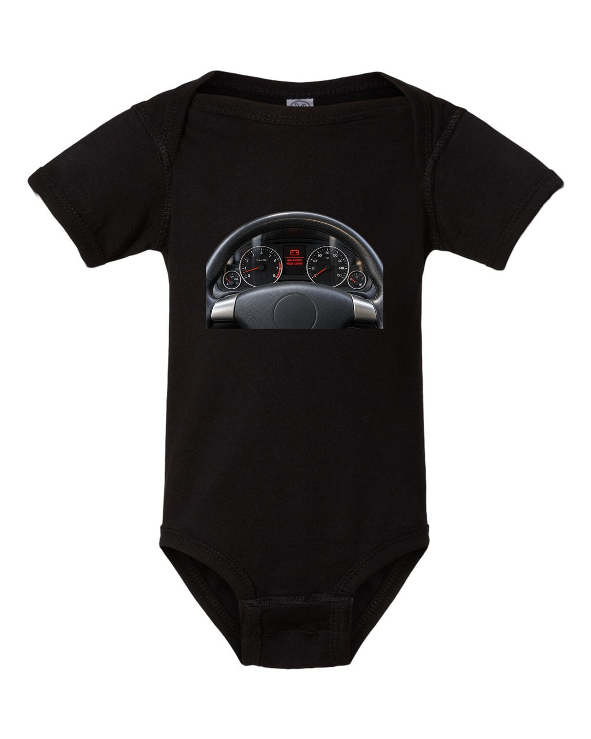 BMW E92 M3 cockpit gauge print with new battery needs coding text black baby onesie front view with the design