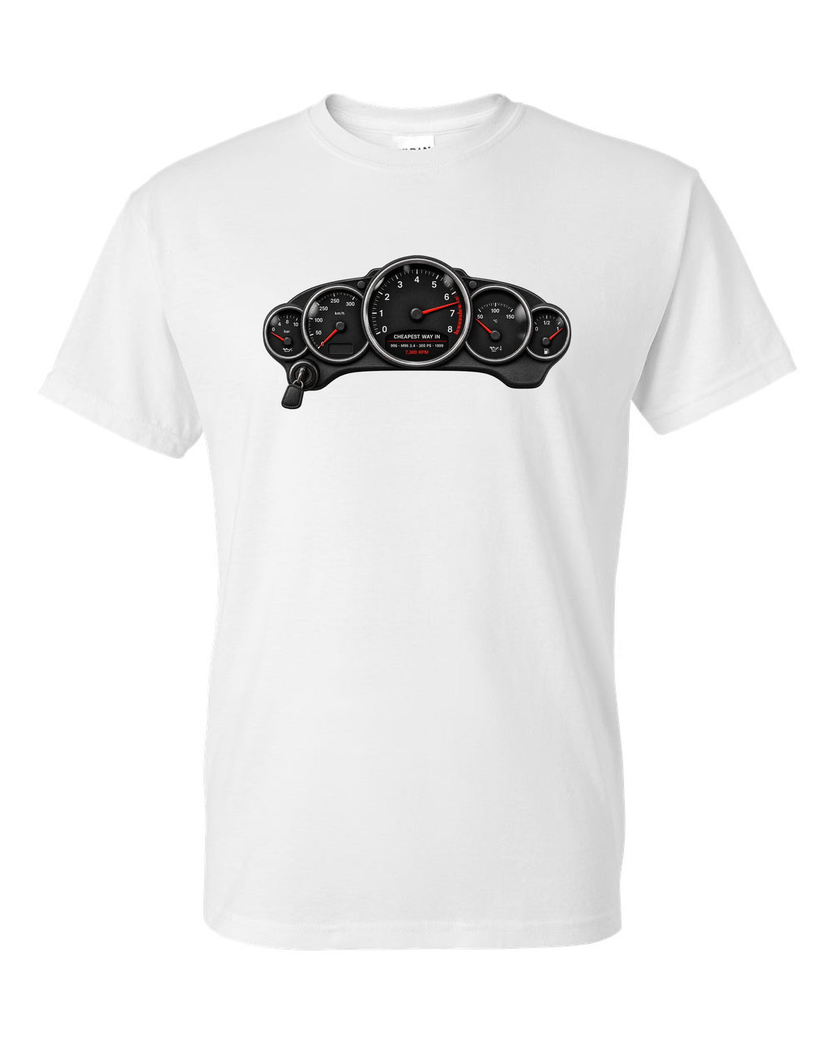 Cockpit gauge print of a Porsche 911 Carrera (996) with the caption Cheapest Way In and 7,300 rpm white t-shirt front view with the design