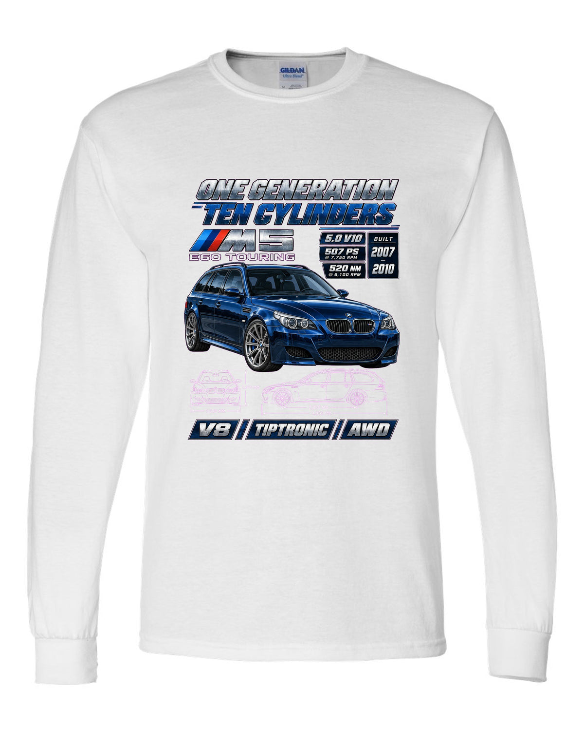 BMW M5 E60 V10 saloon spec poster print white long sleeve front view with the design