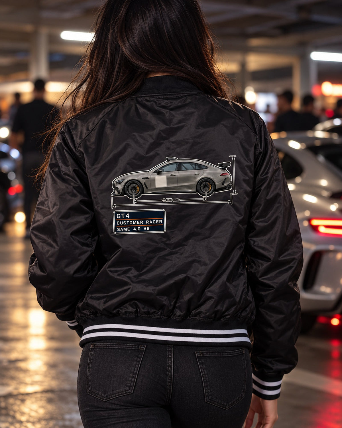 Mercedes-AMG GT4 Spec Poster Shirt, Customer Racer Car Tee Bomber Jacket Black worn hero
