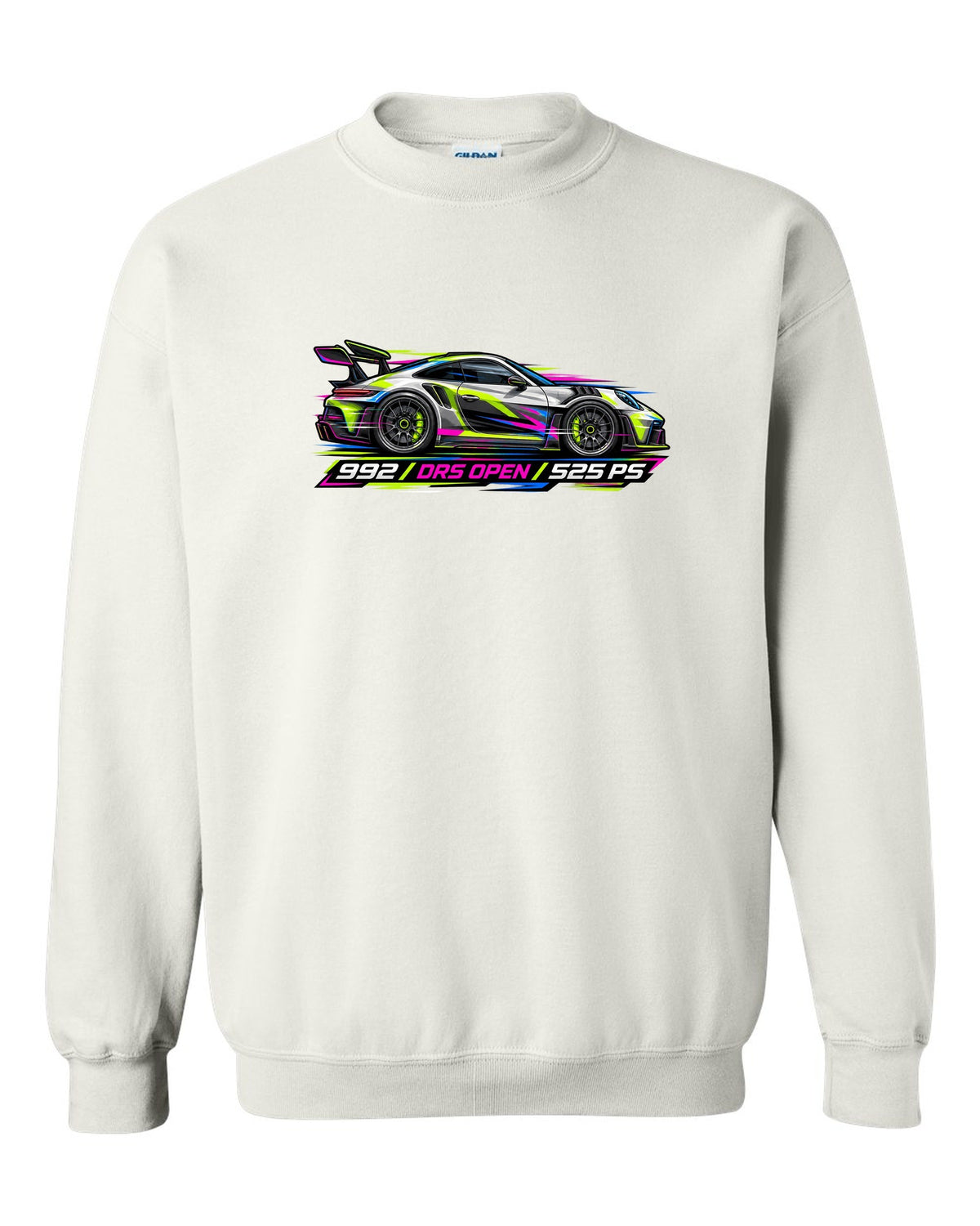 Cyberpunk neon vector artwork of a Porsche 911 GT3 RS 992 with DRS open white crewneck front view with the design