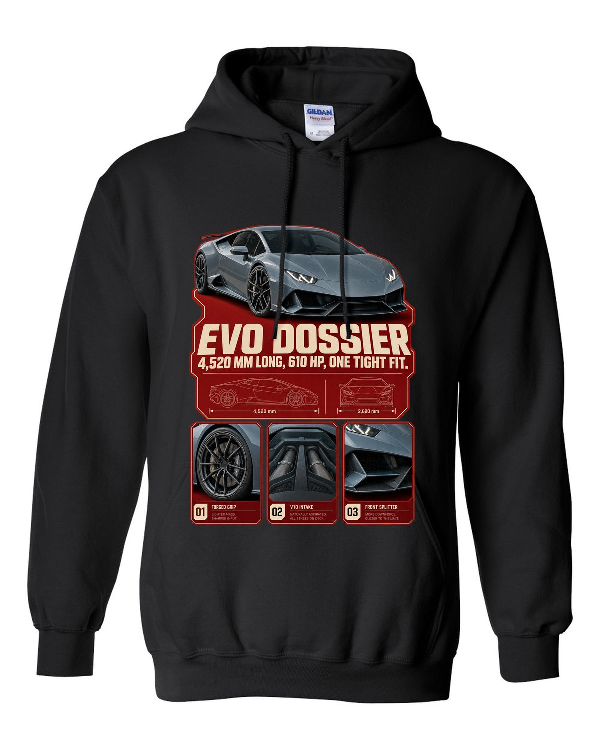 Dossier panel print of the Lamborghini Huracan EVO black pull over hoodie front view with the design