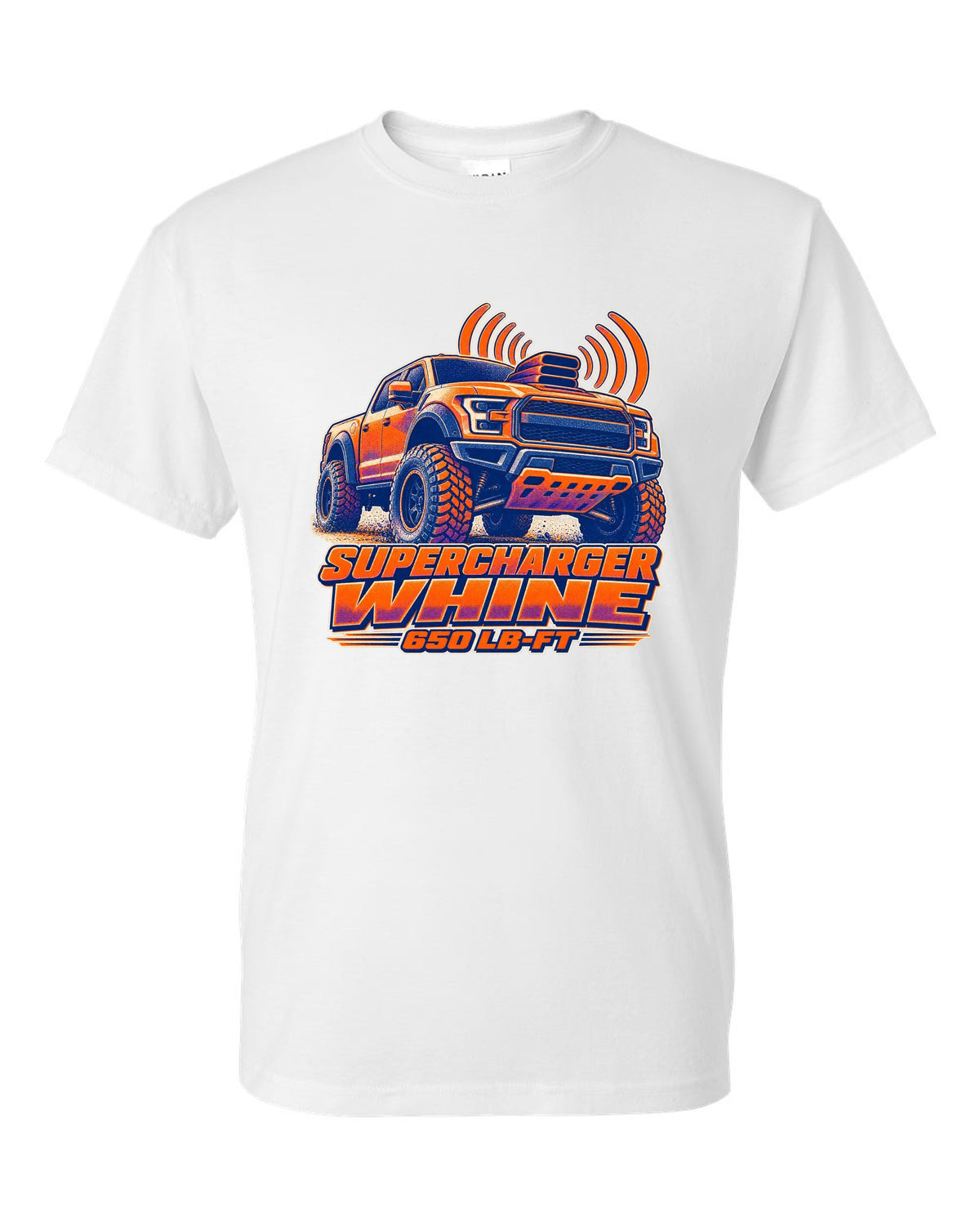 Halftone risograph print of a Ram 1500 TRX hood scoop with supercharger whine text white t-shirt front view with the design