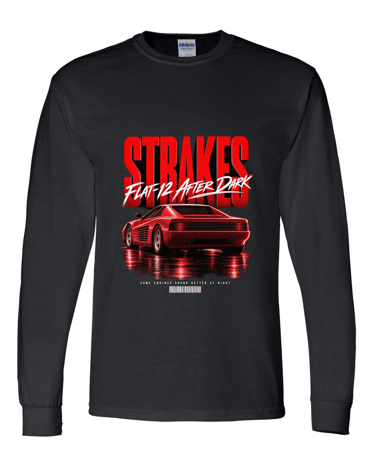 Street poster print of a Ferrari Testarossa F110 rear three-quarter with strakes and flat-12 text black long sleeve front view with the design