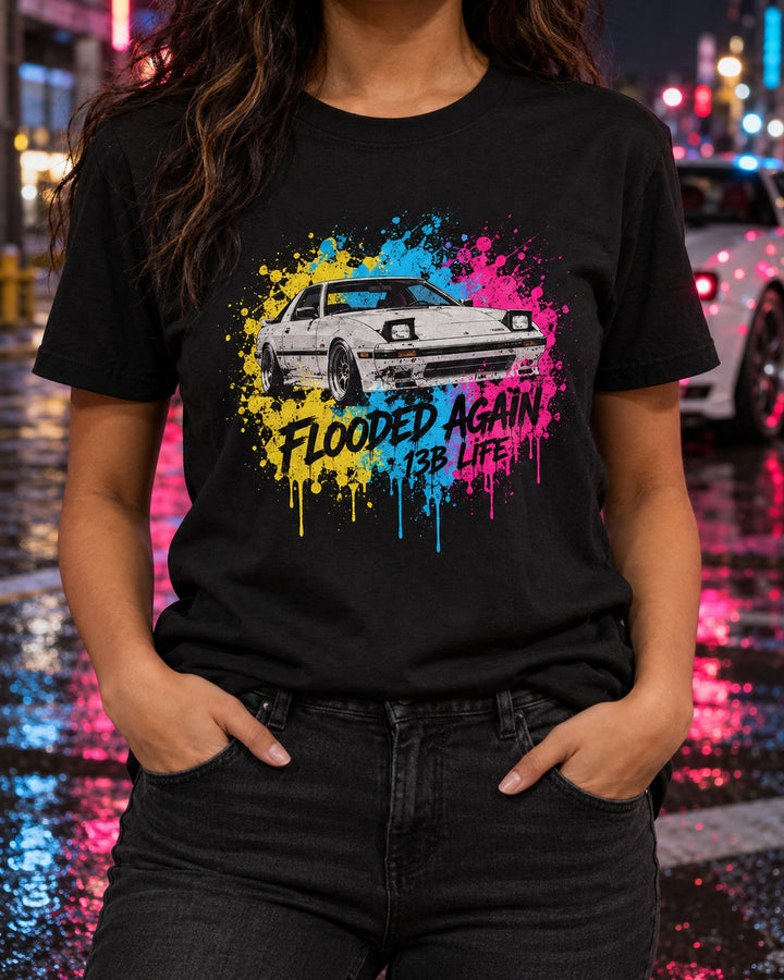 Mazda RX-7 FC3S Flooded Again 13B Life Stencil Street Art Tee T-Shirt Black worn hero
