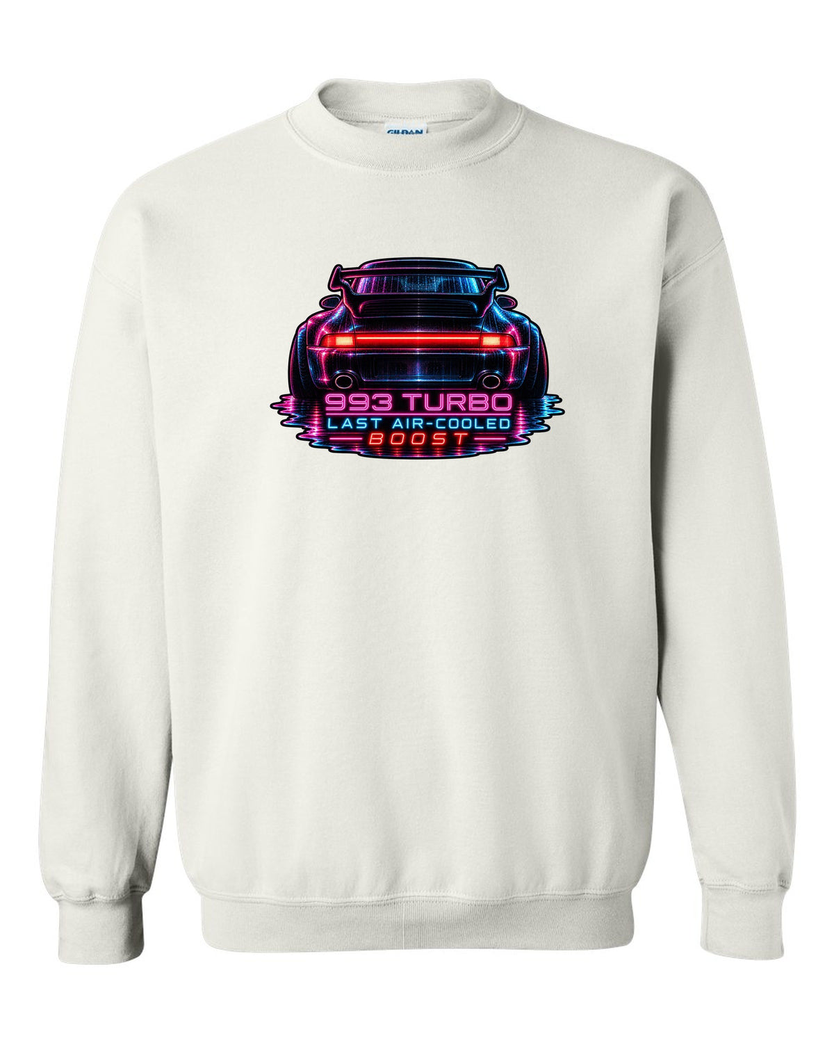 Porsche 993 Turbo neon noir design with glowing rear light bar white crewneck front view with the design