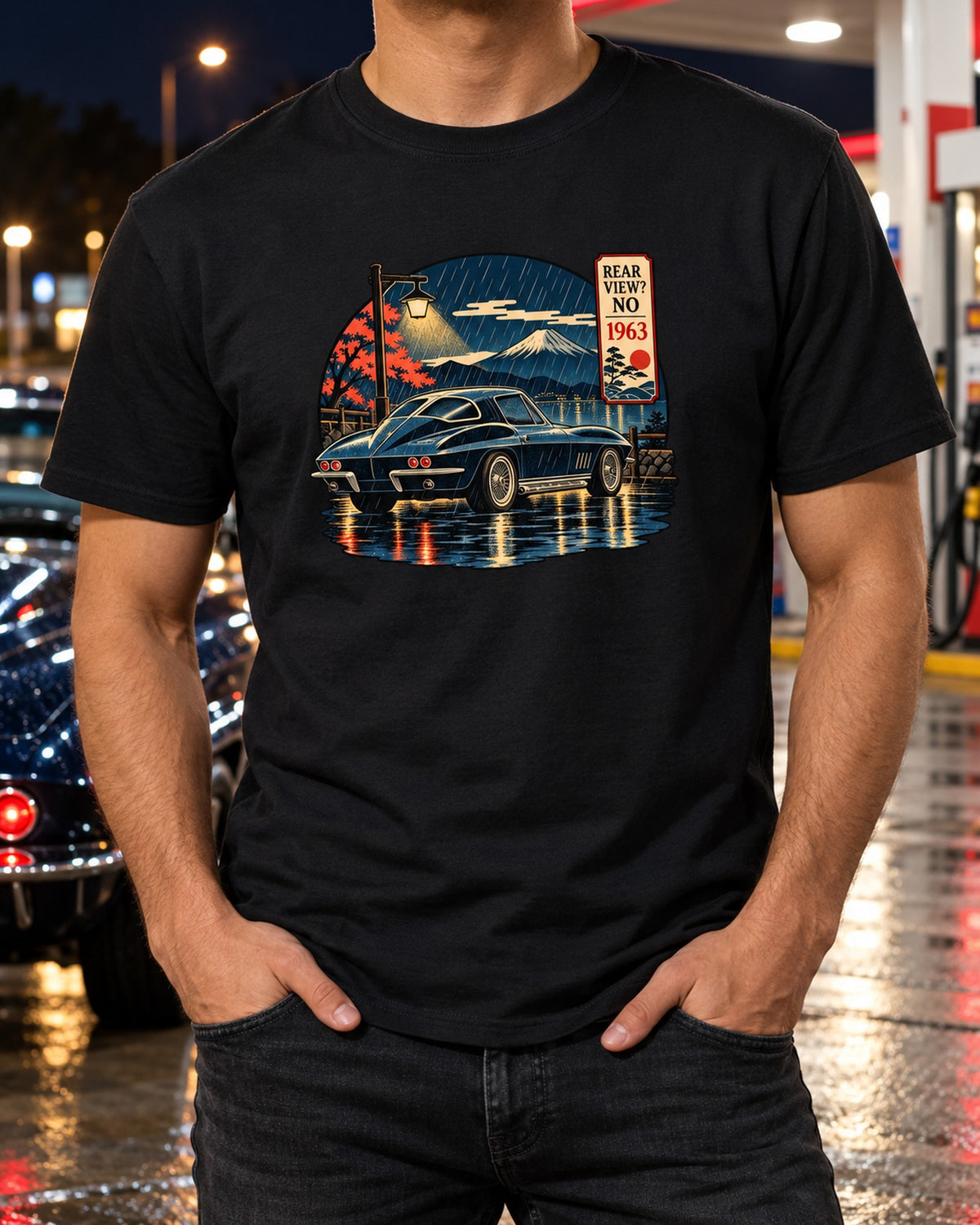 1963 Corvette C2 Sting Ray Woodblock Print Shirt, Rear View? No T-Shirt Black worn hero