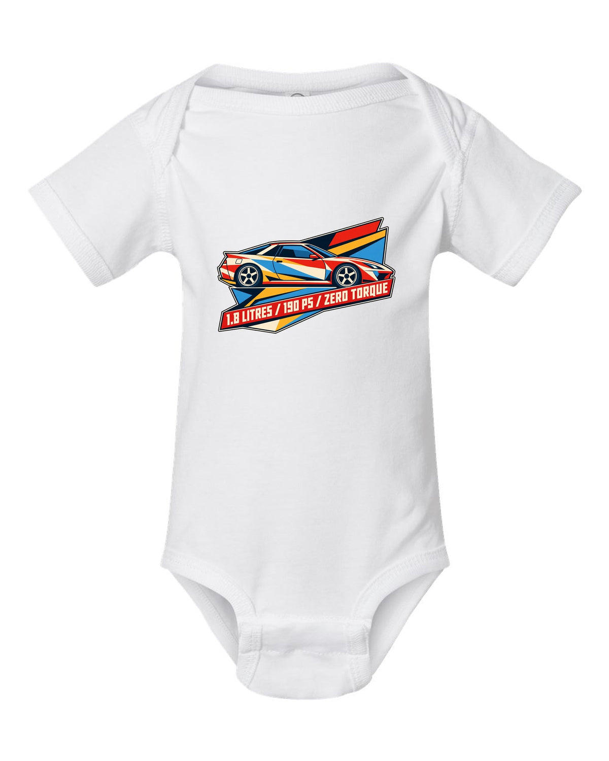 Geometric origami constructivist poster of the Toyota Celica ZZT231 with 190 PS text white baby onesie front view with the design