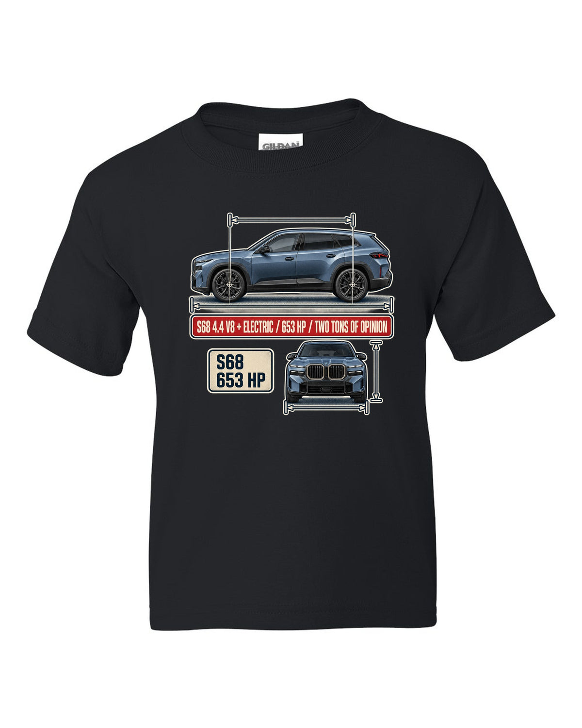 BMW XM G09 dimension blueprint print on a tee black kids tee front view with the design