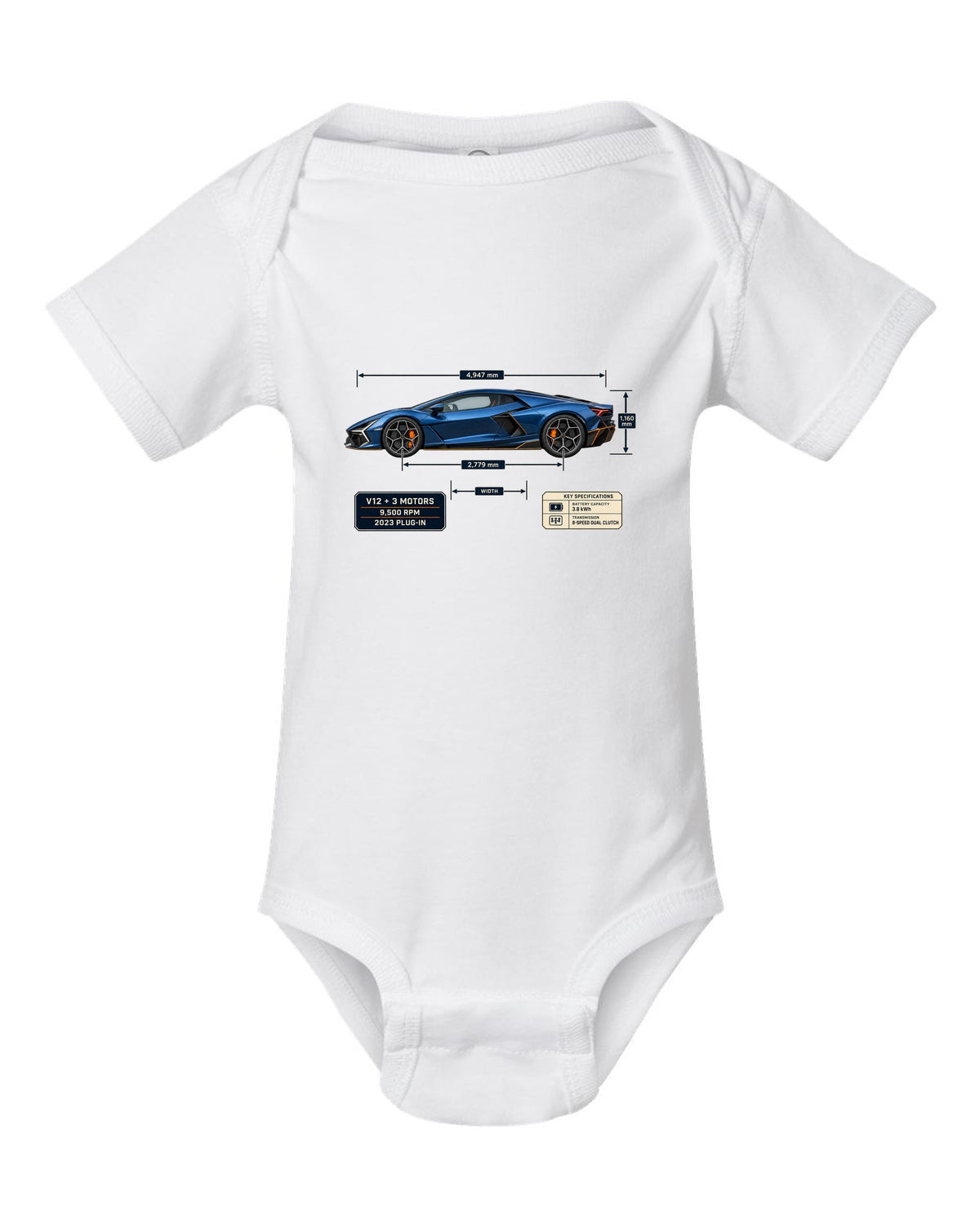 Dimension blueprint print of the Lamborghini Revuelto white baby onesie front view with the design