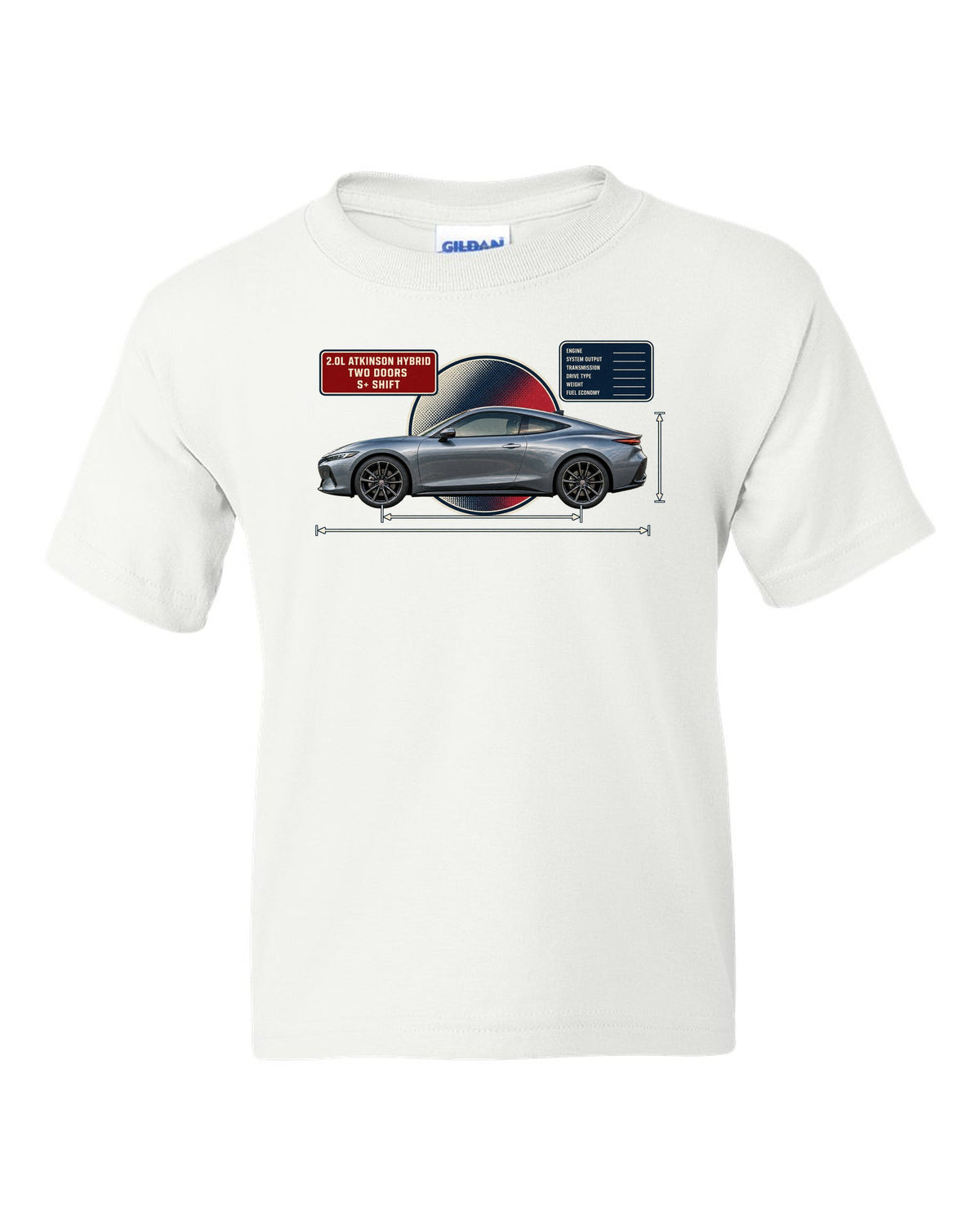 Honda Prelude 2026 sixth-gen dimension blueprint print white kids tee front view with the design