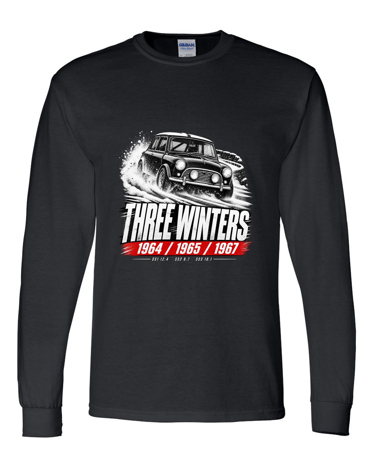 Race poster print of a 1964 Classic Mini Cooper S Mk I rally car with three winters text black long sleeve front view with the design