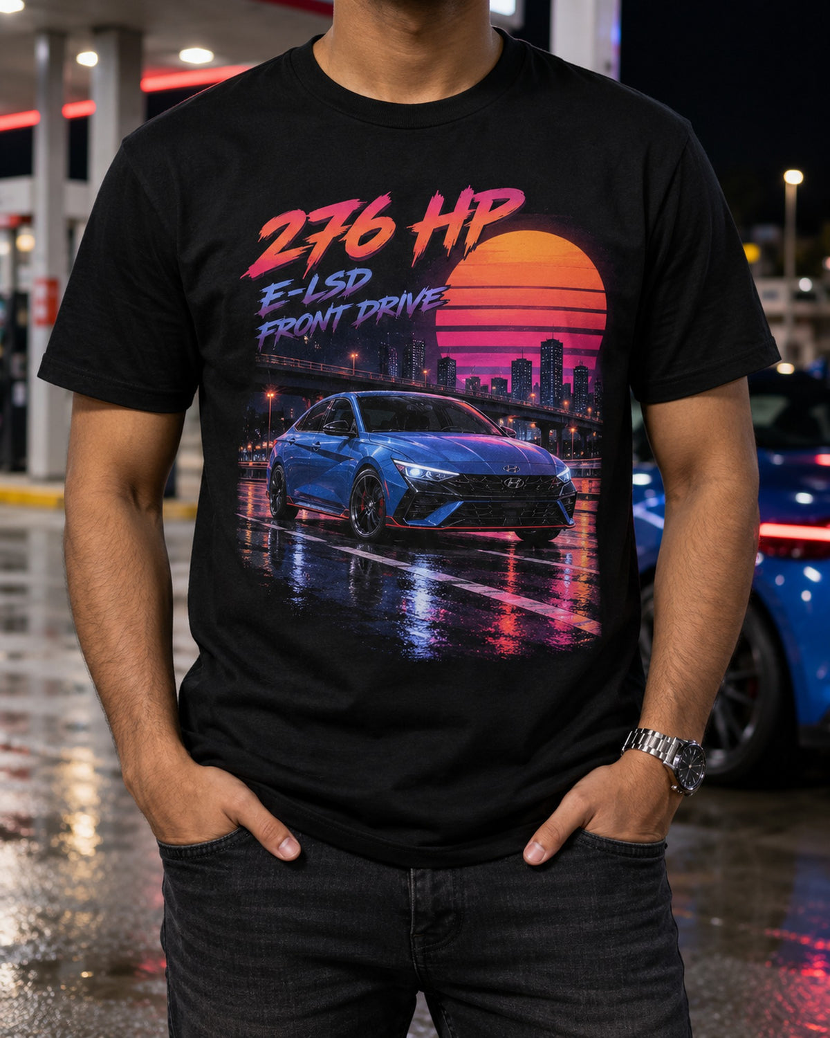 Hyundai Elantra N CN7 Synthwave Wet Road Tee, Car Shirt T-Shirt Black worn hero