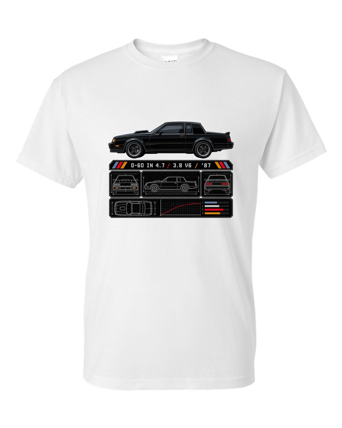 Spec-sheet print for a 1987 Buick Grand National with the text 0-60 in 4.7, 3.8 V6, '87 white t-shirt front view with the design