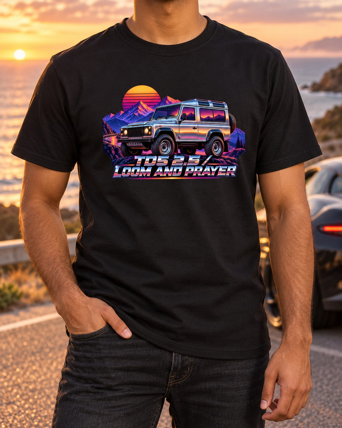 Land Rover Defender 110 Td5 Sunset Chrome Mountain Pass Shirt T-Shirt Black worn hero