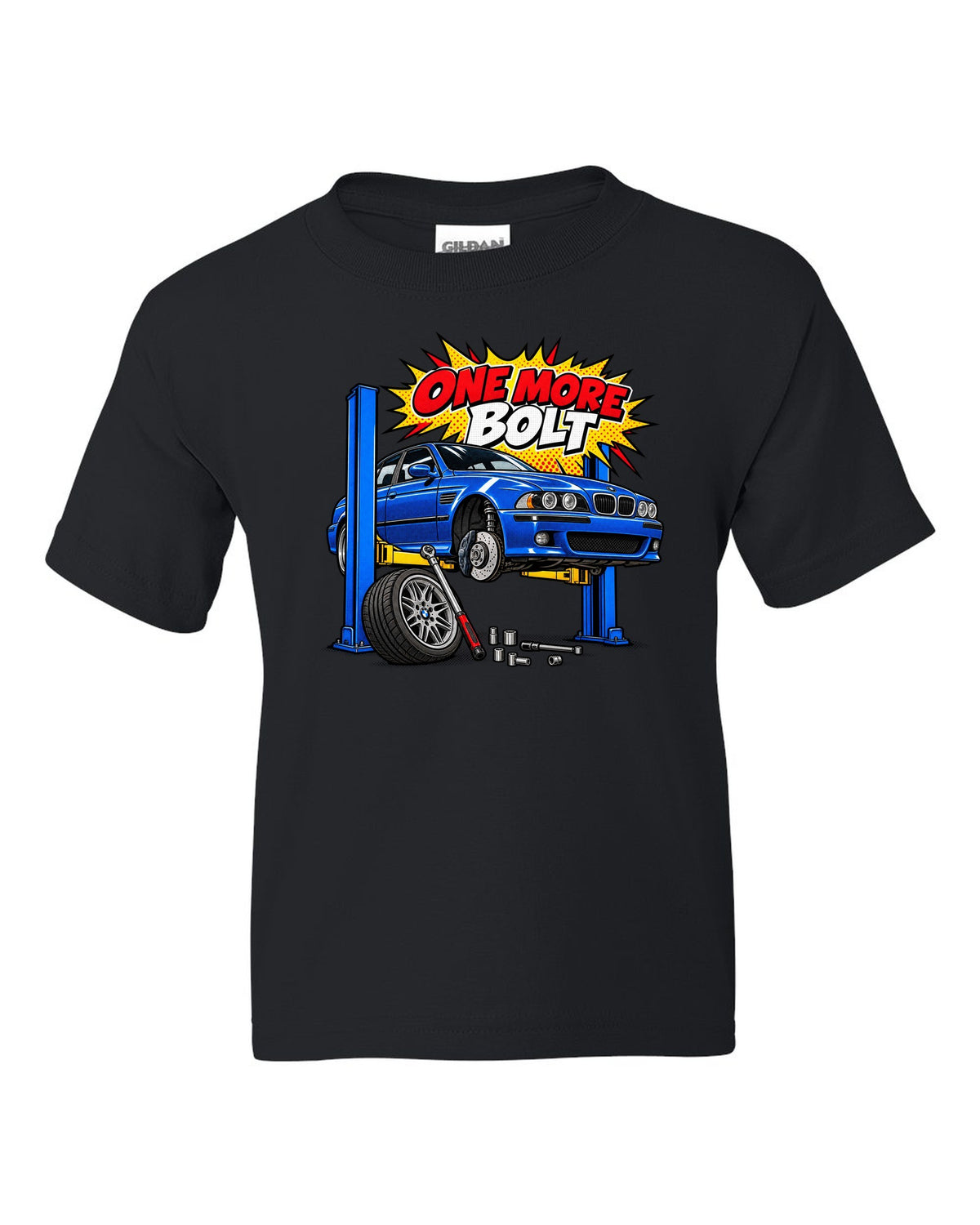 Ukiyo-e woodblock wave print of a BMW M5 E39 with S62 4.9 V8 text black kids tee front view with the design
