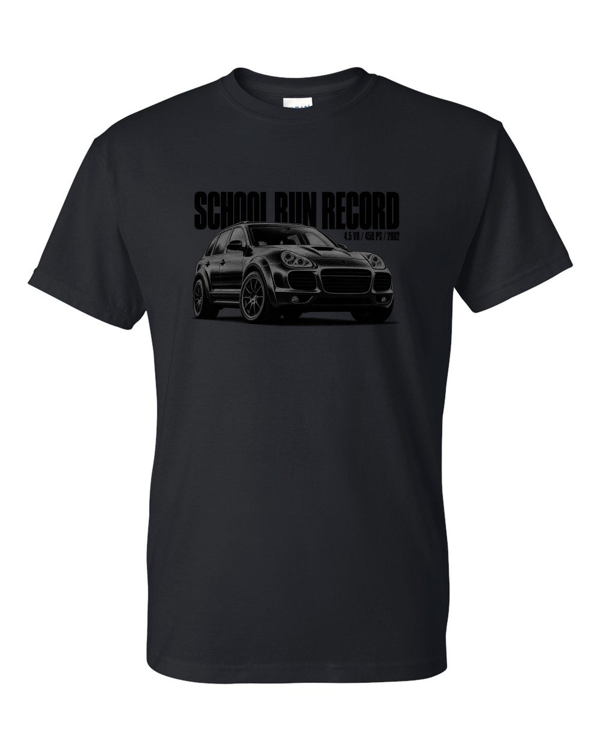 Halftone print of a Porsche Cayenne Turbo 955 with School Run Record caption black t-shirt front view with the design