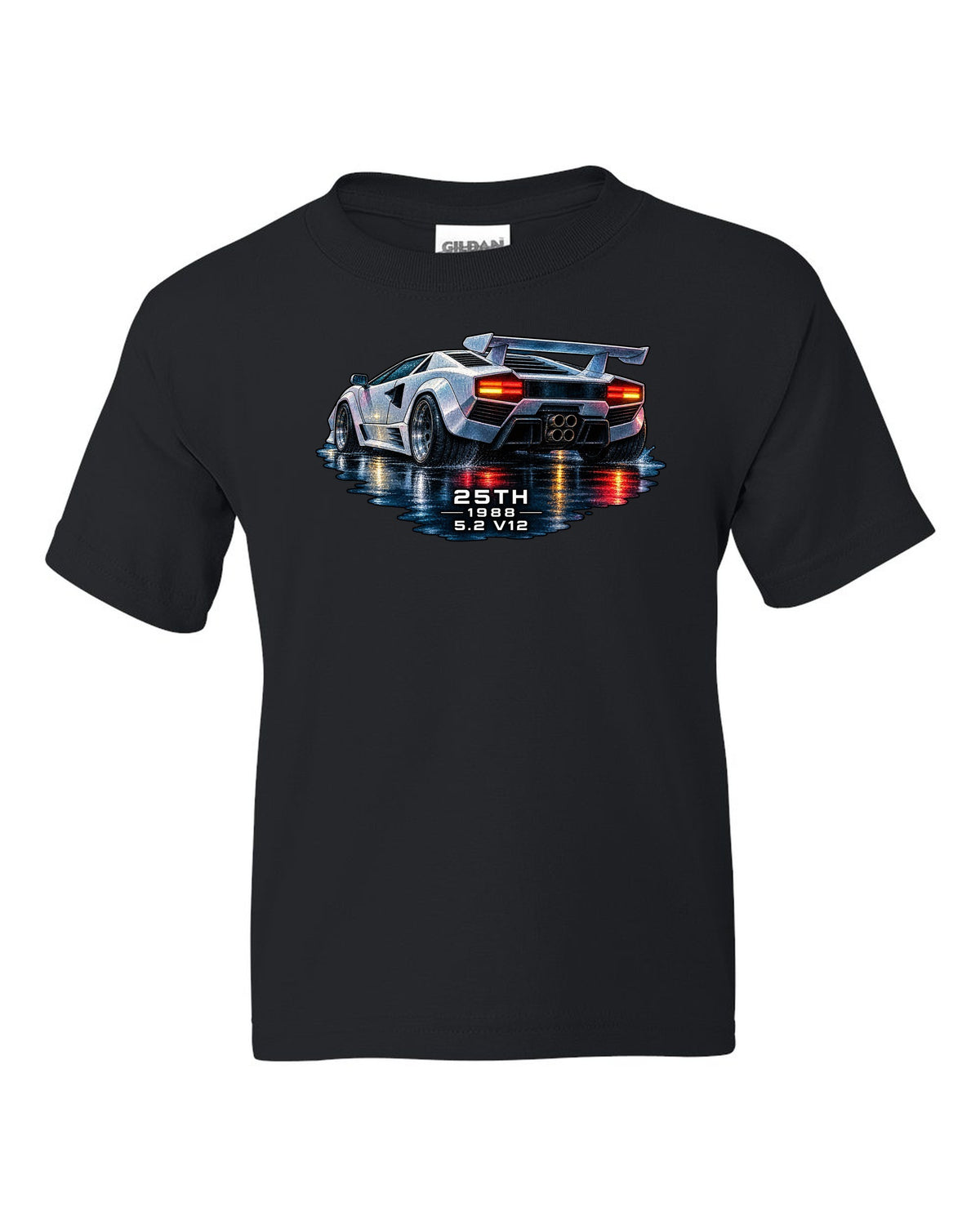 Watercolour wet-road night scene of a Lamborghini Countach 25th Anniversary with 25th 1988 5.2 V12 text black kids tee front view with the design