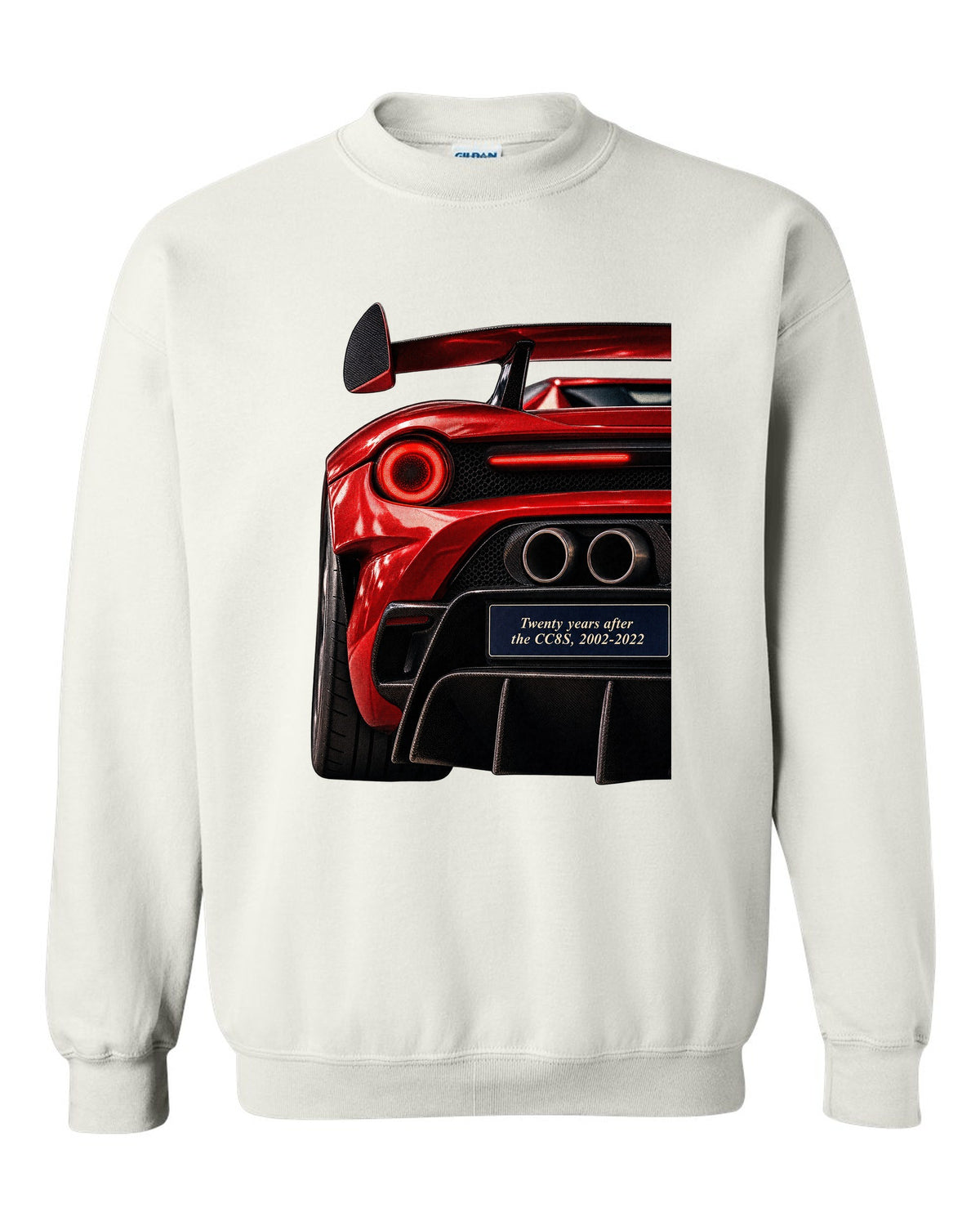 Taillight macro print of the Koenigsegg CC850 with the text twenty years after the CC8S, 2002-2022 white crewneck front view with the design