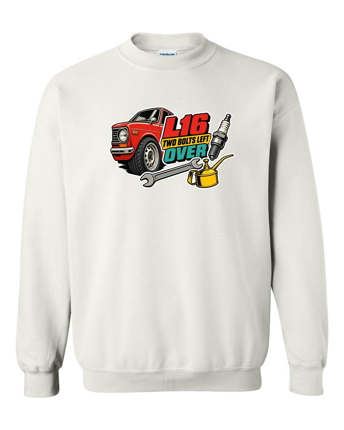 Datsun 510 wheel and fender sticker-bomb collage with L16 text on the front of a shirt white crewneck front view with the design