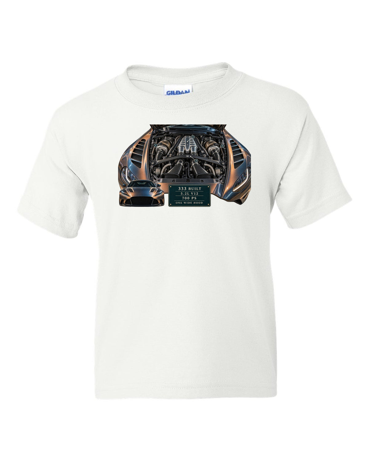 Aston Martin V12 Vantage 2022 engine hero print with 333 built 5.2L V12 700 PS text white kids tee front view with the design