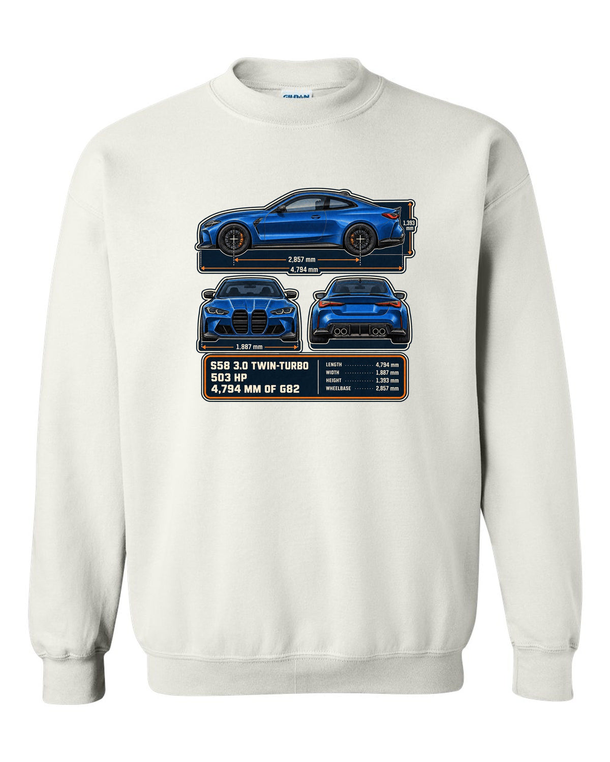 BMW M4 Competition G82 dimension blueprint print with S58 specs white crewneck front view with the design
