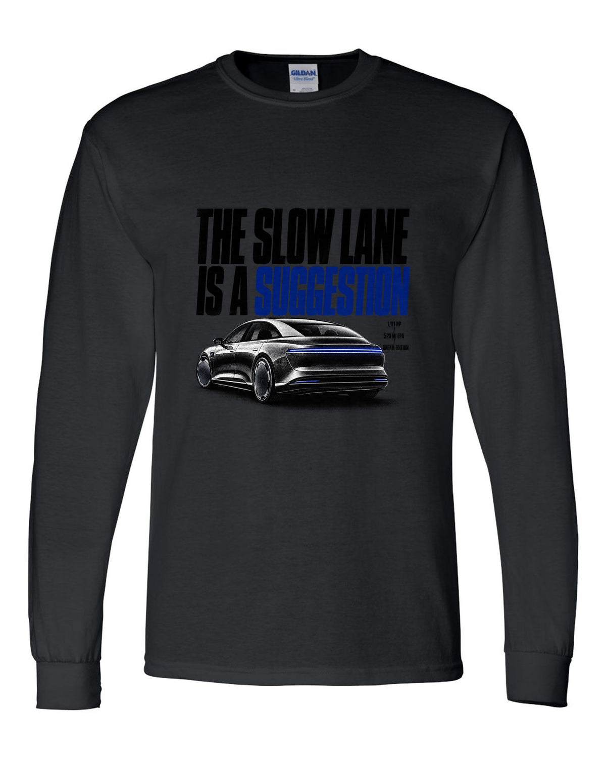 Halftone Lucid Air Dream Edition 2021 with the slow lane is a suggestion, 1,111 HP, 520 mi EPA black long sleeve front view with the design