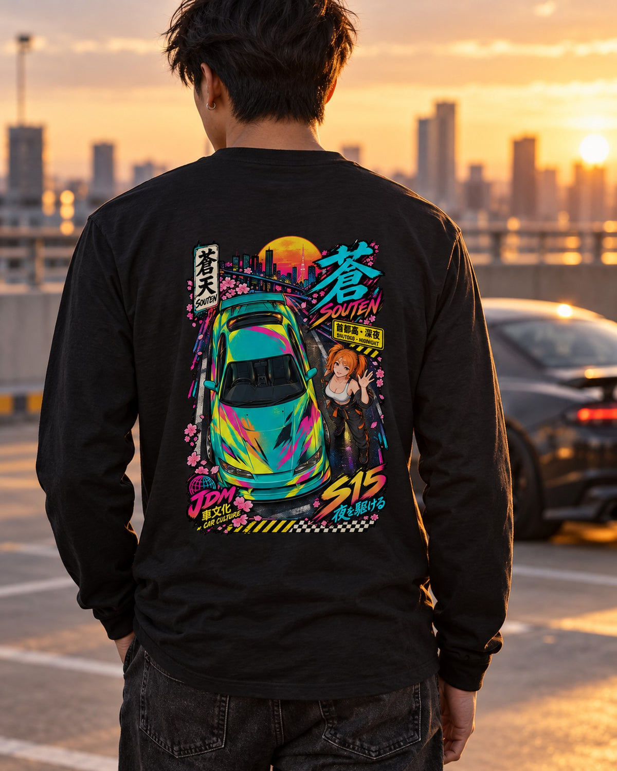SOUTEN S15 Anime Girl Full-Back Graphic Tee Long Sleeve Black worn hero