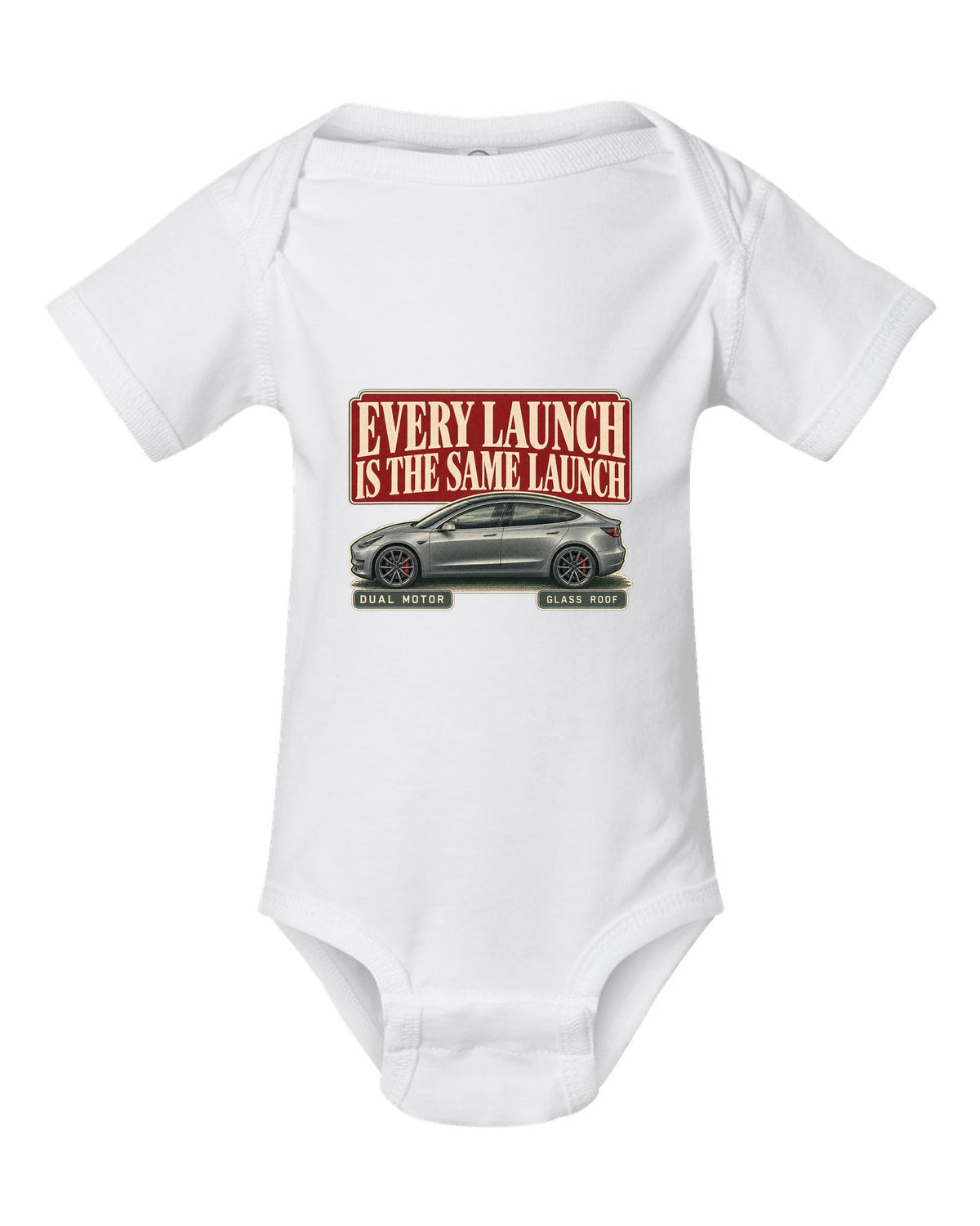 Tesla Model 3 Performance Editorial Headline Tee, 2018-2023 white baby onesie front view with the design