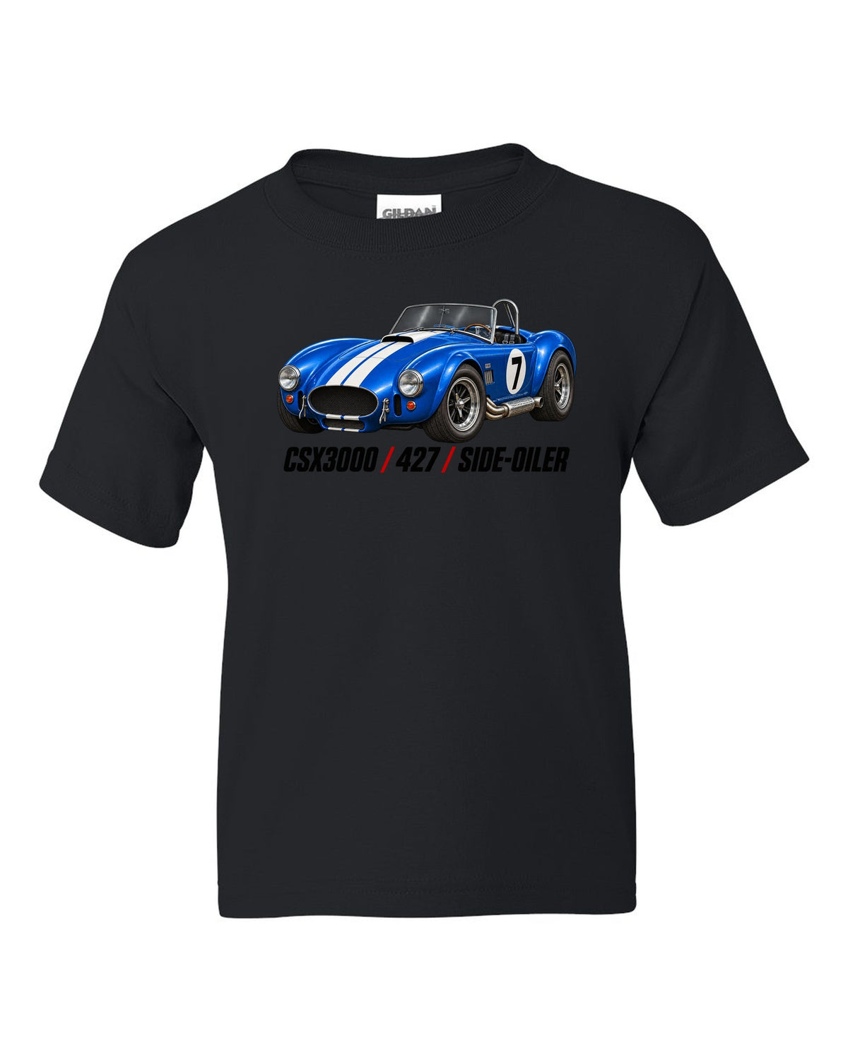 Shelby Cobra 427 CSX3000 Side-Oiler Racing Roundel black kids tee front view with the design
