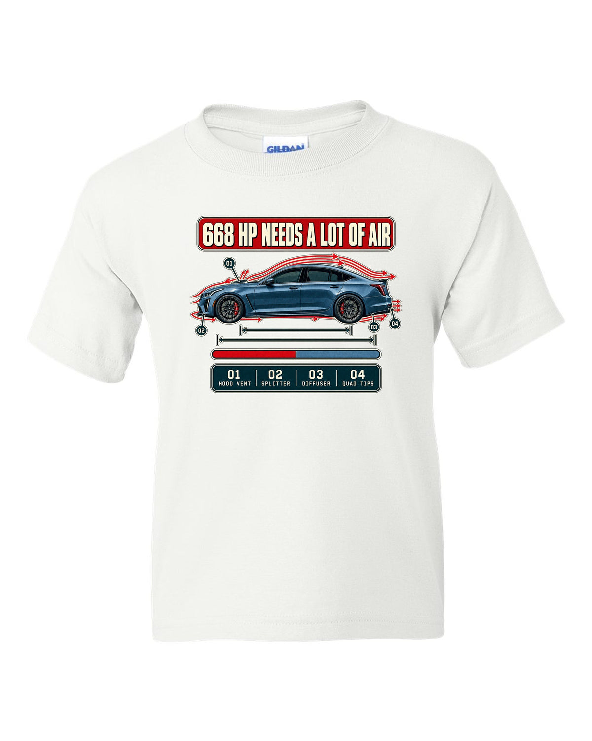 Aero cutaway print of a Cadillac CT5-V Blackwing with numbered callouts white kids tee front view with the design