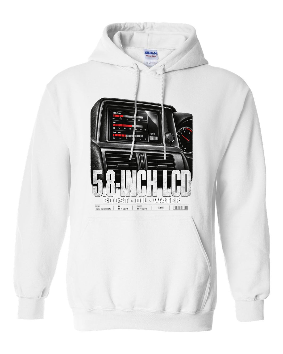 Multifunction display screen of a Nissan Skyline GT-R R34 showing boost, oil and water readings white pull over hoodie front view with the design